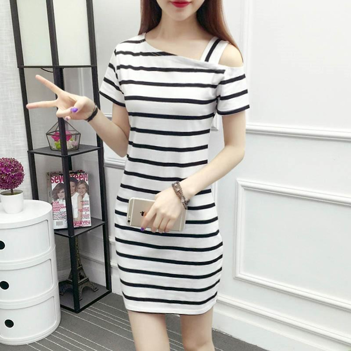 Đầm suông sọc ngắn tay