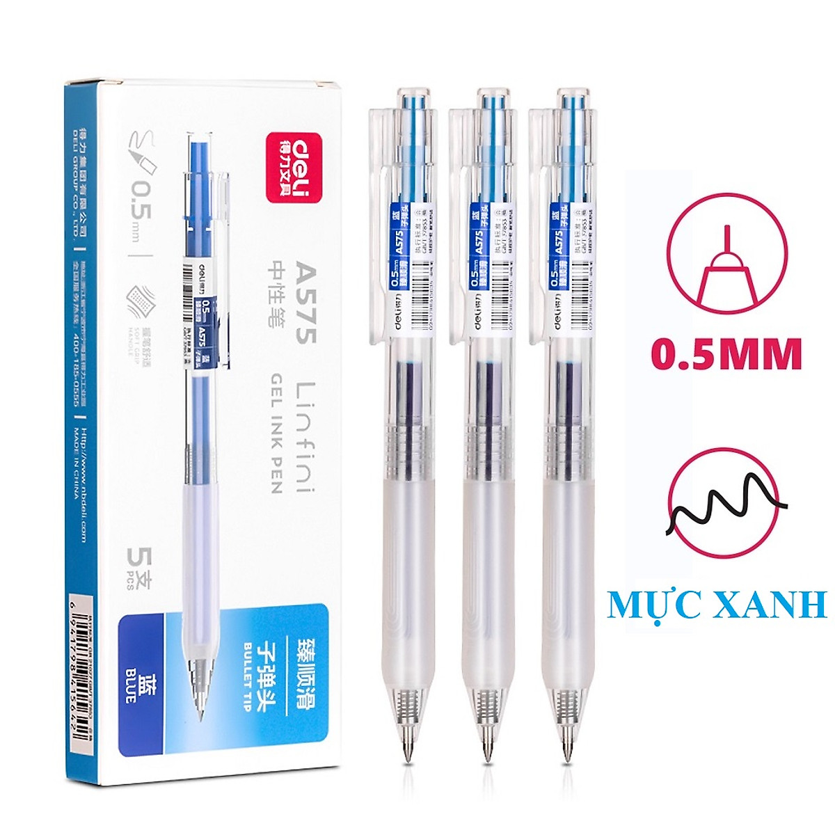 Hộp 5 Bút gel Deli A575 ngòi 0.5mm (viết lên tới 800m)