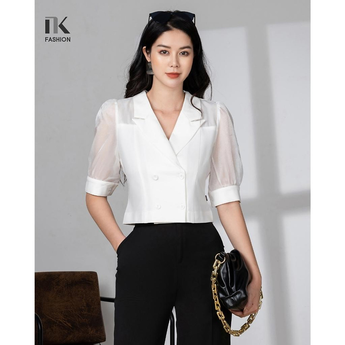 Áo Sơ Mi Nữ Công Sở Cổ Vest NK Fashion Tay Lỡ Giao Cúc Phối Tơ Áo Sơ Mi Nữ Công Sở Cổ Vest Nk Fashion Tay Lỡ Giao Cúc Phối Tơ