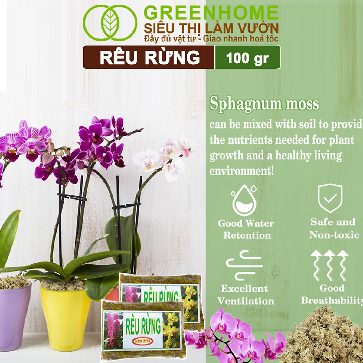 Rêu rừng Greenhome, Newzita, Gói 100gr, Đã Qua Xử Lý, Giá Thể, Giữ Ẩm Tốt, Kháng Khuẩn Tự Nhiên, Trồng Lan, Kiểng Lá