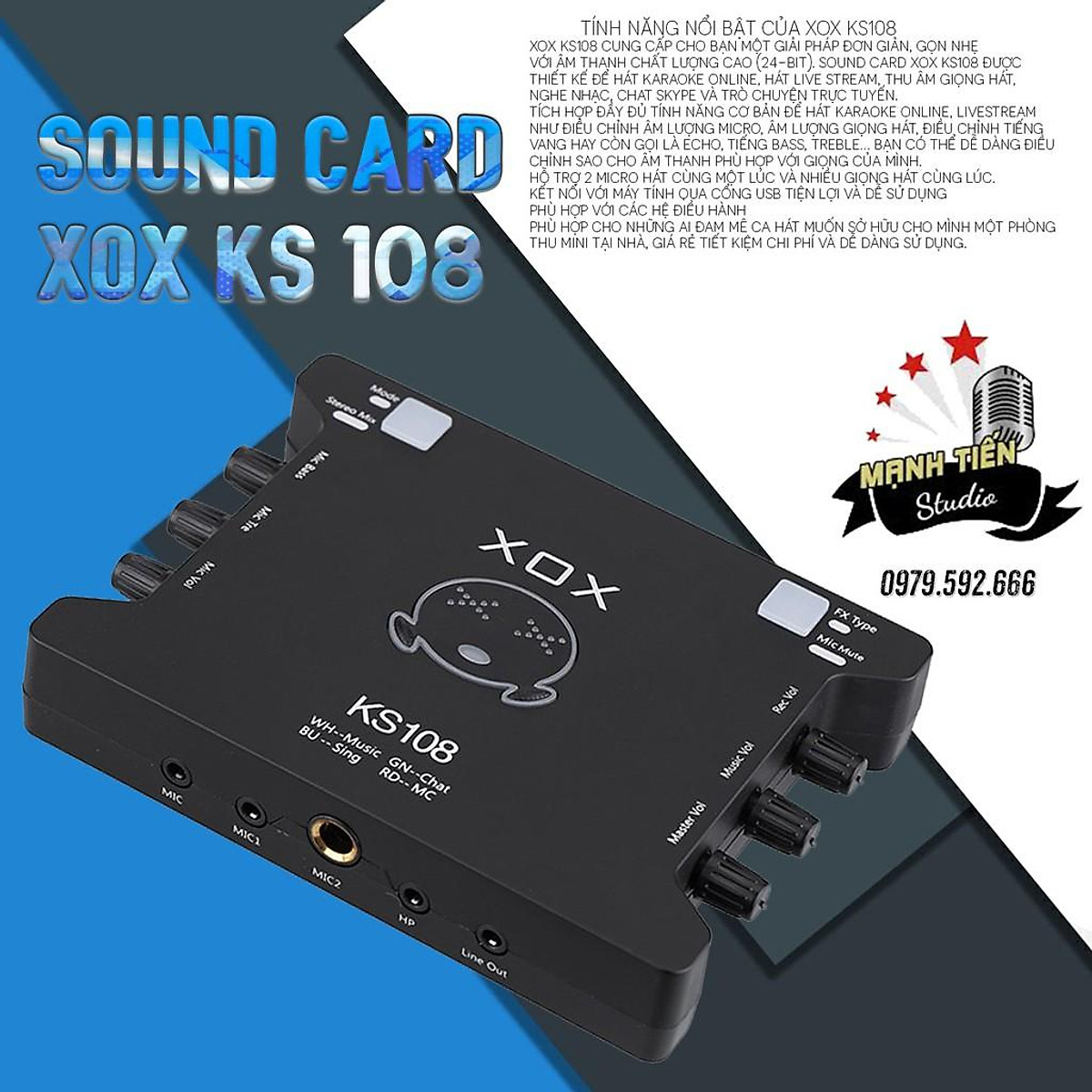 Soundcard thu âm KS108 cho karaoke, livestream: Dòng soundcard thu âm KS108 được thiết kế đặc biệt cho các nhu cầu thu âm chuyên nghiệp, trong đó bao gồm cả karaoke và livestream. Với chất lượng âm thanh tuyệt vời và tính năng linh hoạt, KS108 sẽ giúp bạn tạo ra những sản phẩm âm nhạc đầy chất lượng. Còn chần chờ gì nữa, hãy sở hữu ngay soundcard thu âm KS108 để thực hiện đam mê của bạn.