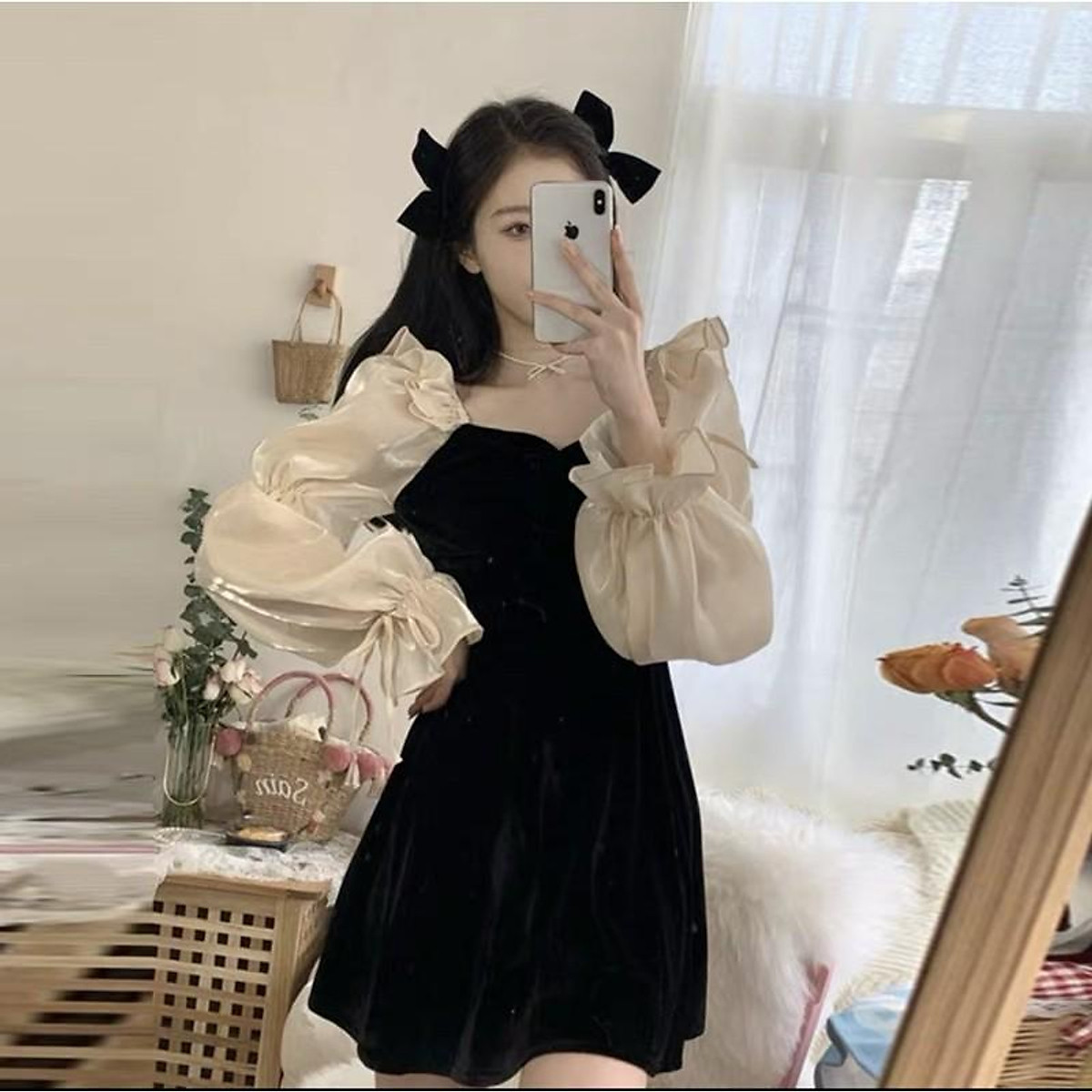 MẪU MỚI SÉT VÁY XẾP LY PHỐI NƠ TIỂU THƯ SANG CHẢNH CỔ ĐIỂN PU H BMT SHOP   MixASale