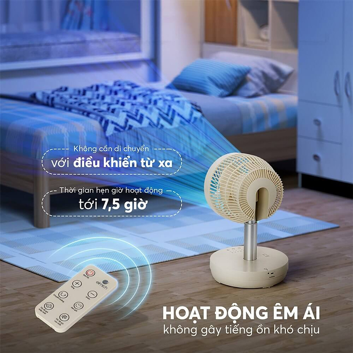 Quạt sạc tuần hoàn không khí Elmich CFE-8786, dung lượng pin lớn, hoạt động liên tục tới 10h, tạo nên luồng gió mạnh, di chuyển linh hoạt 90° theo chiều ngang tạo luồng gió đa chiều, làm mát nhanh, dễ chịu - Hàng chính hãng