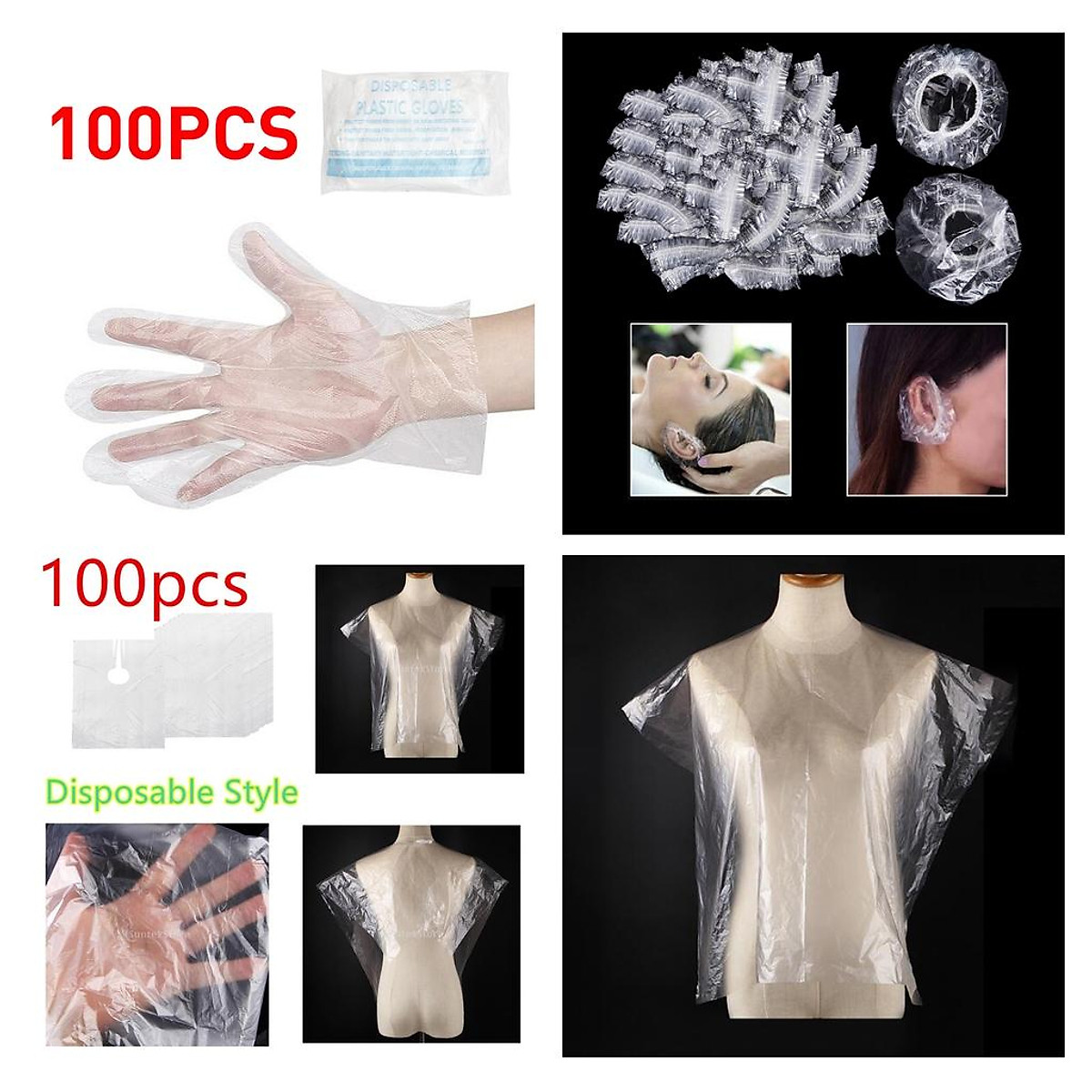 100 x Disposable Hair Cut Cape Gowns Capes Transparent + Ear Covers & Gloves 100 x Disposable Hair Cut Cape Gowns Capes Transparent + Ear Covers & Gloves