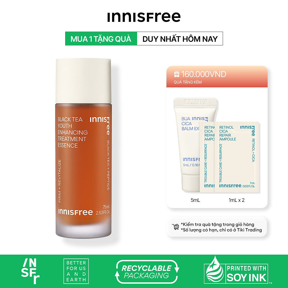 Nước dưỡng ngăn ngừa lão hóa từ trà đen innisfree Black tea Youth Enhancing Treatment Essence 75 mL (New 2023)