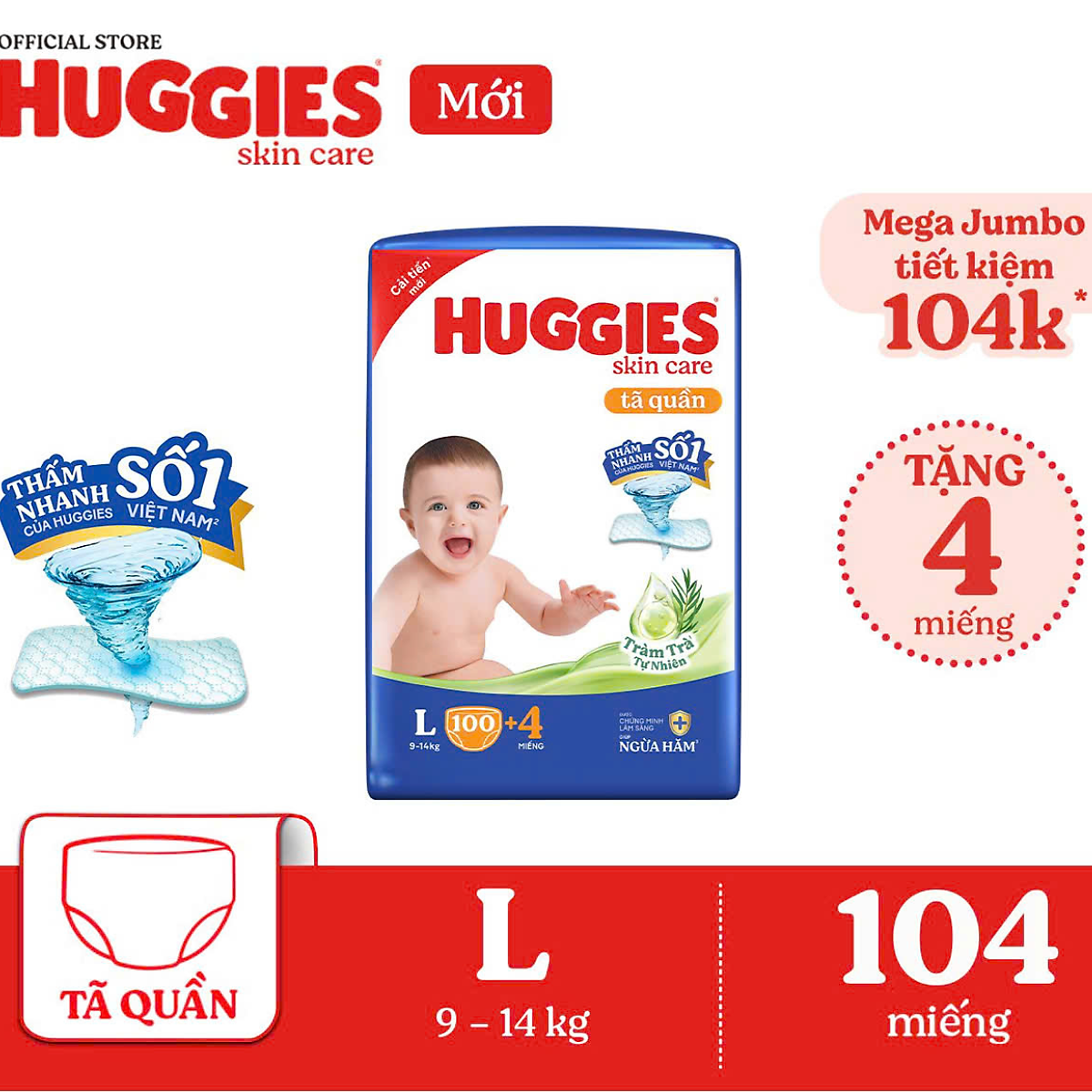 Tã/bỉm quần Huggies Skin Care Mega Jumbo L96+8 miếng với tràm trà dịu da
