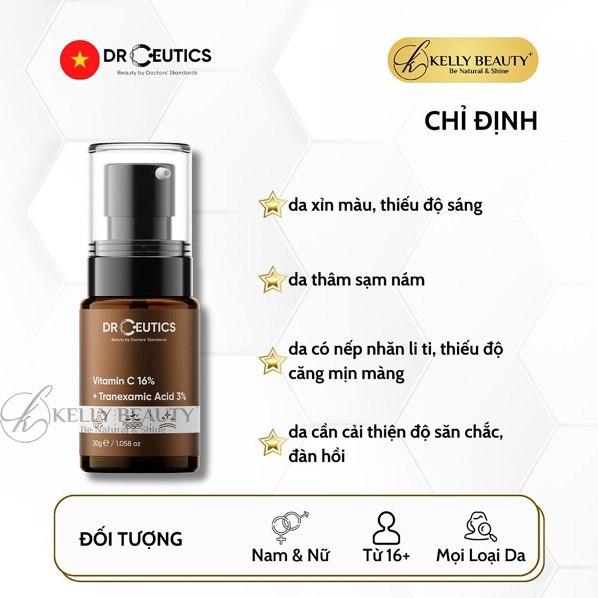 Tinh Chất Chống Lão Hóa, Sáng Da DrCeutics Vitamin C 16% + Tranexamic 3% Kelly Beauty