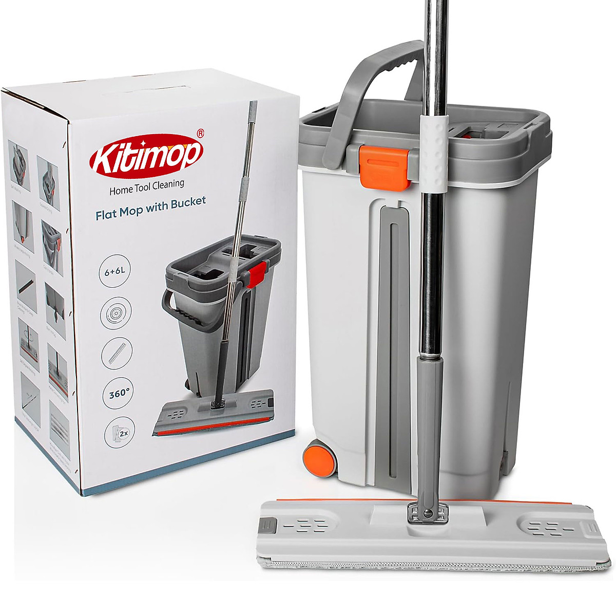 Bộ Cây Lau Nhà KITIMOP PRO MAX - Thùng Lau Nhà Tự Vắt Thông Minh, Chổi Lau Nhà Xoay 360 Độ, Lau Sàn Làm Sạch