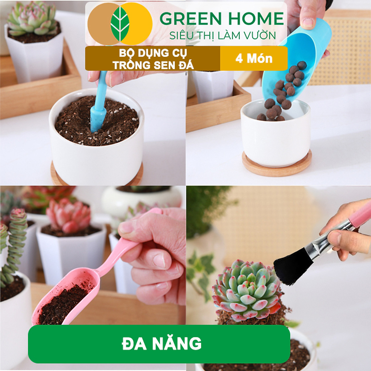 Dụng Cụ Làm Vườn GreenHome, Mini 4 Món, Chuyên Trồng Sen Đá, Xương Rồng, Tiểu Cảnh Mini, Màu Ngẫu Nhiên