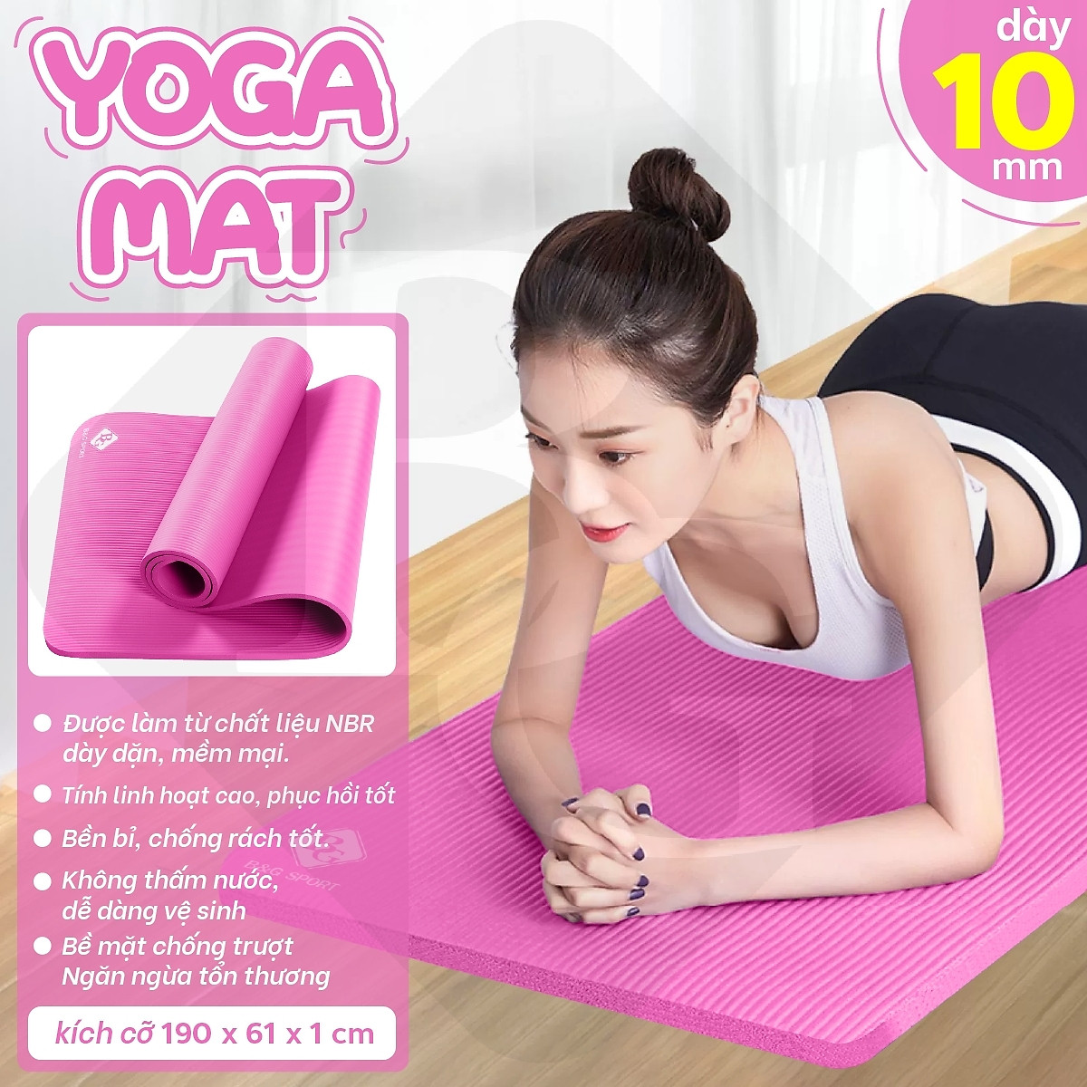 BG Thảm tập Yoga,GYM chuyên dụng dày 10mm cao su NBR nguyên khối, độ đài hồi tốt, chống lún, Chống trơn trượt, độ bám cao, ngăn ngừa hôi và ẩm mốc (hàng nhập khẩu)