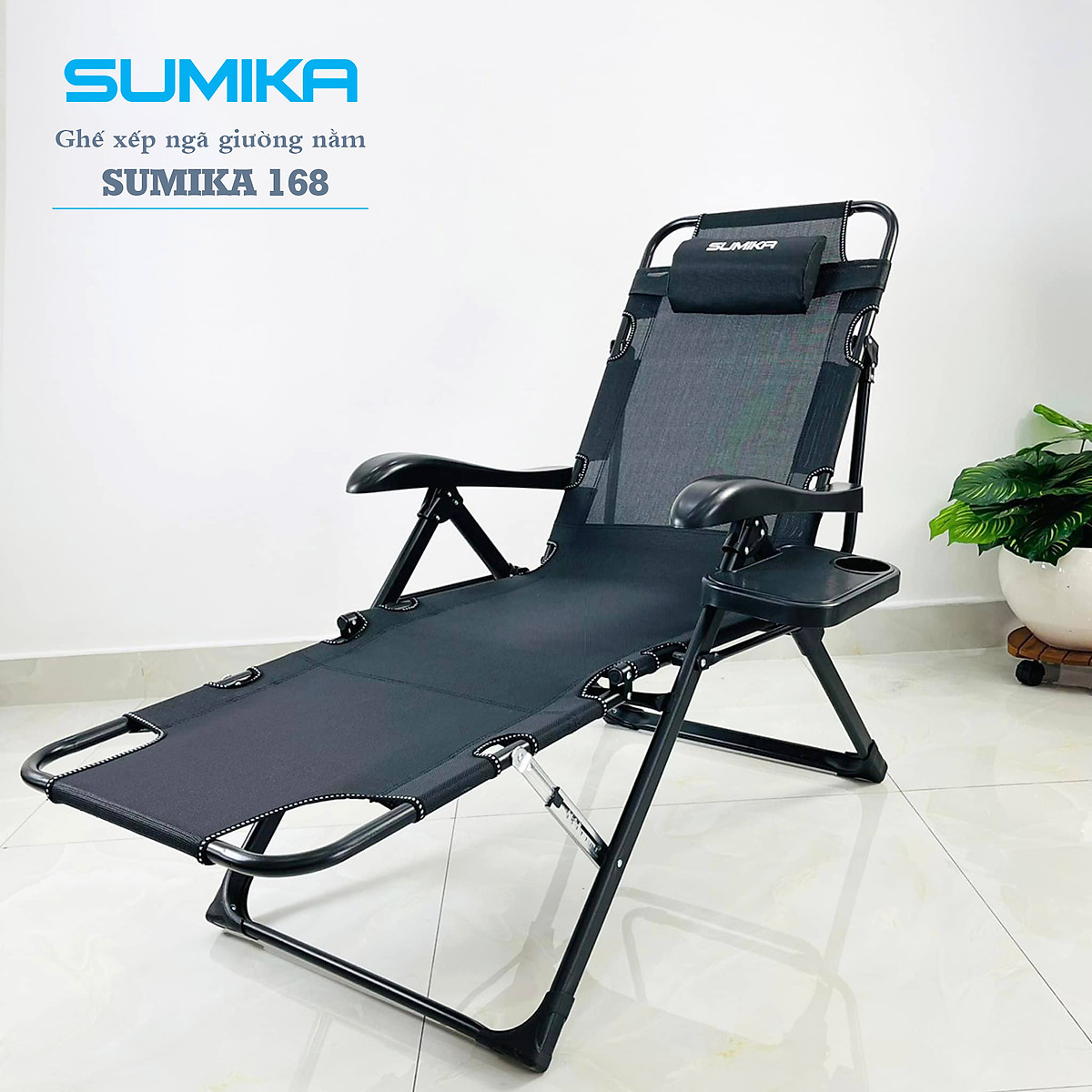 Ghế xếp thư giãn cao cấp SUMIKA 168 - Có thể ngã thành giường nằm, vải lưới Textilene thoáng khí, gối có thể tháo rời, tải trọng 300kg, khung ghế bằng thép không gỉ, đế chống trượt