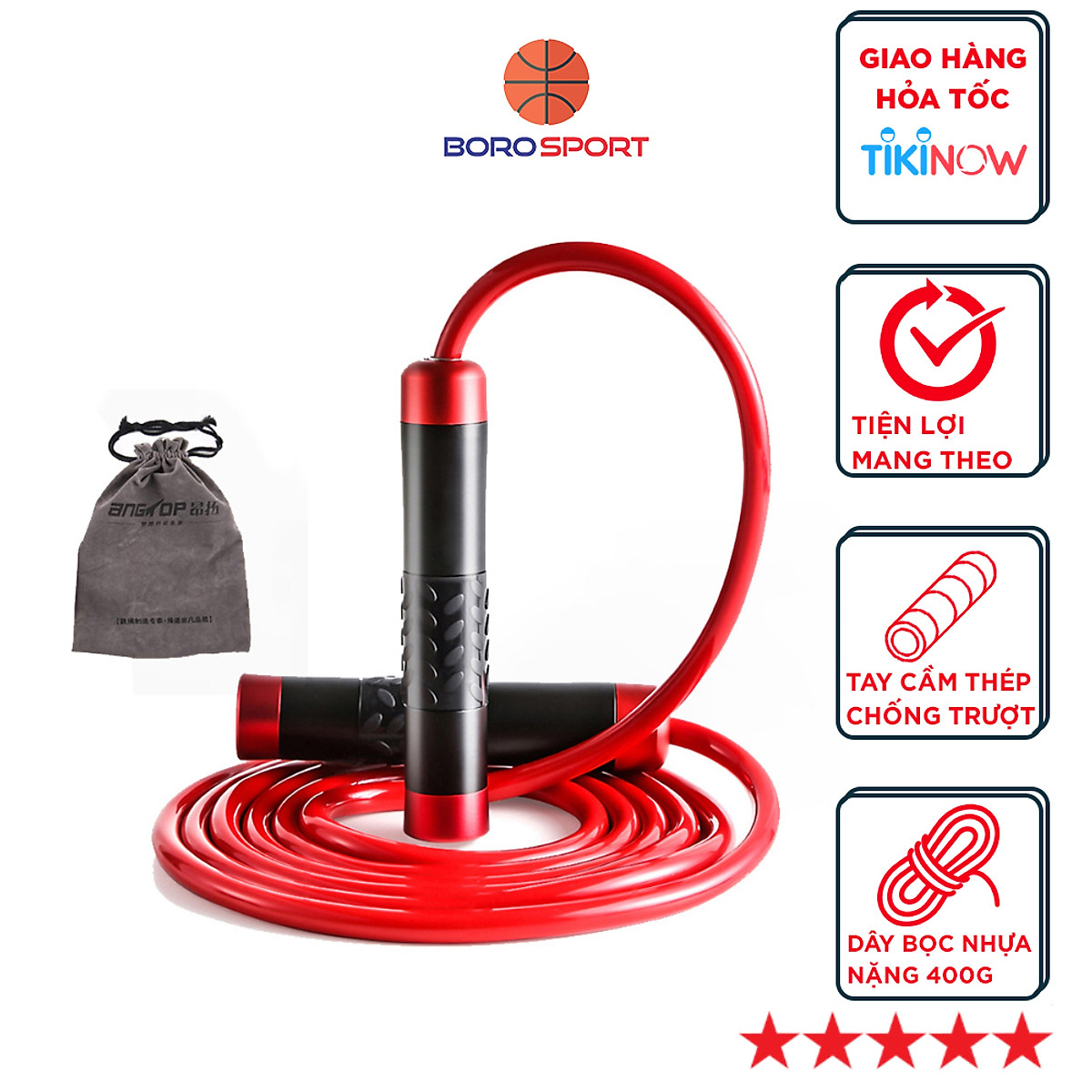 Dây nhảy thể lực CLEACCO trọng lượng nặng 400g , tay cầm kim loại đầm tay ( dùng trong Boxing, Muay Thai ) giúp đốt cháy calo nhanh + tặng kèm túi vải BORO SPORT