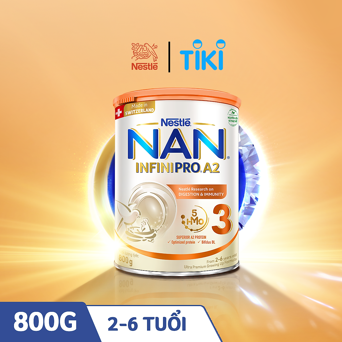 Sữa bột NAN INFINIPRO A2 800g Thụy Sĩ 3 với đạm quý A2 tiêu hóa tốt sau 7 ngày và 5HMO tăng cường đề kháng​ (2 - 6 tuổi)