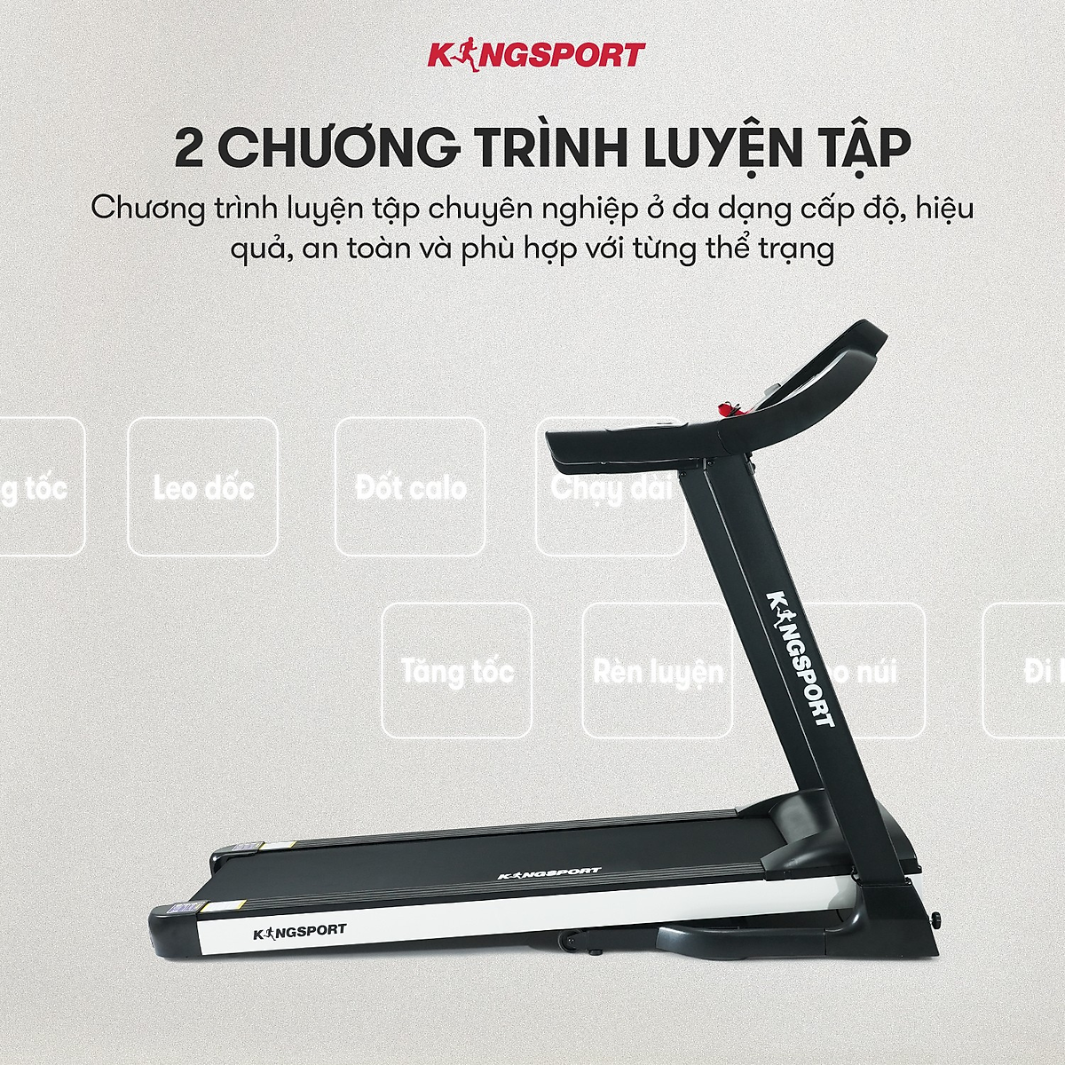 CHỈ GIAO MIỀN NAM Máy chạy bộ KINGSPORT Plus K-04 đơn năng,thảm chạy rộng chống trơn, thiết kế nhỏ gọn, cân nặng phù hợp từ dưới 70kg