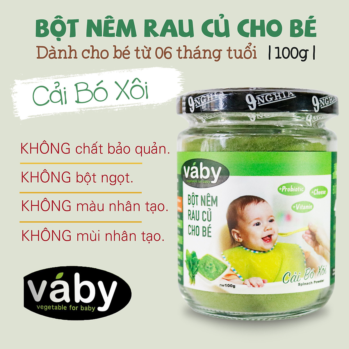 Bột nêm Rau Cải Bó Xôi & Phô Mai VÁBY 9-NGHĨA 100g | Dành cho bé ăn dặm từ 6 tháng