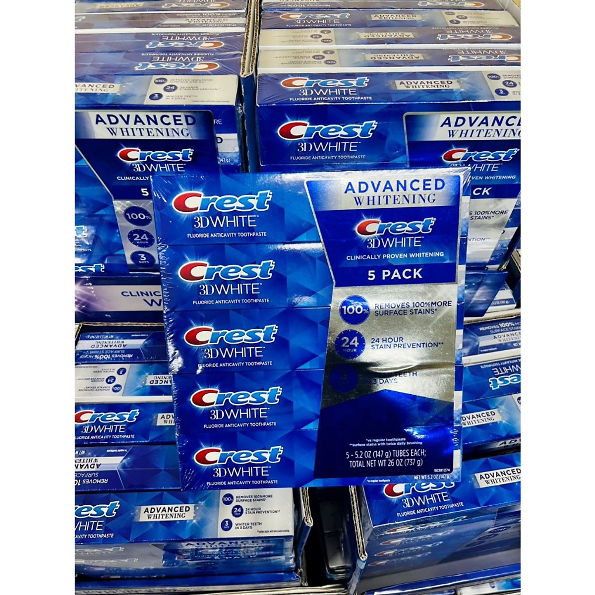 Sét 5 cây kem đánh răng crest 3d white advanced whitening 147g mẫu mới của Mỹ trắng răng thơm miệng