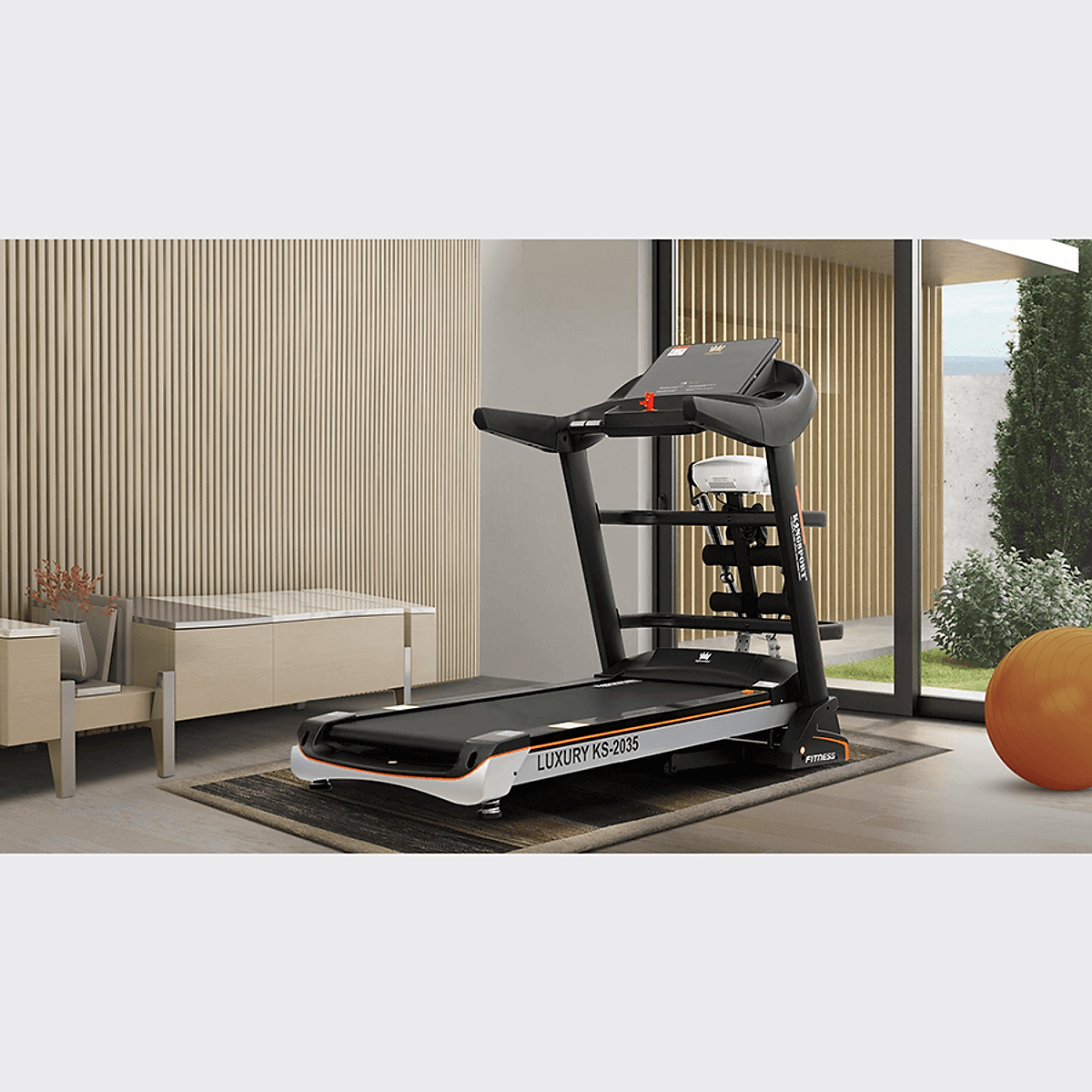 Máy chạy bộ KINGSPORT KS-2035 đa năng, thao tác phím cảm ứng, thiết kế sang trọng cứng cáp, kèm đai massage và thanh gập bụng, cân nặng phù hợp từ dưới 90-95kg