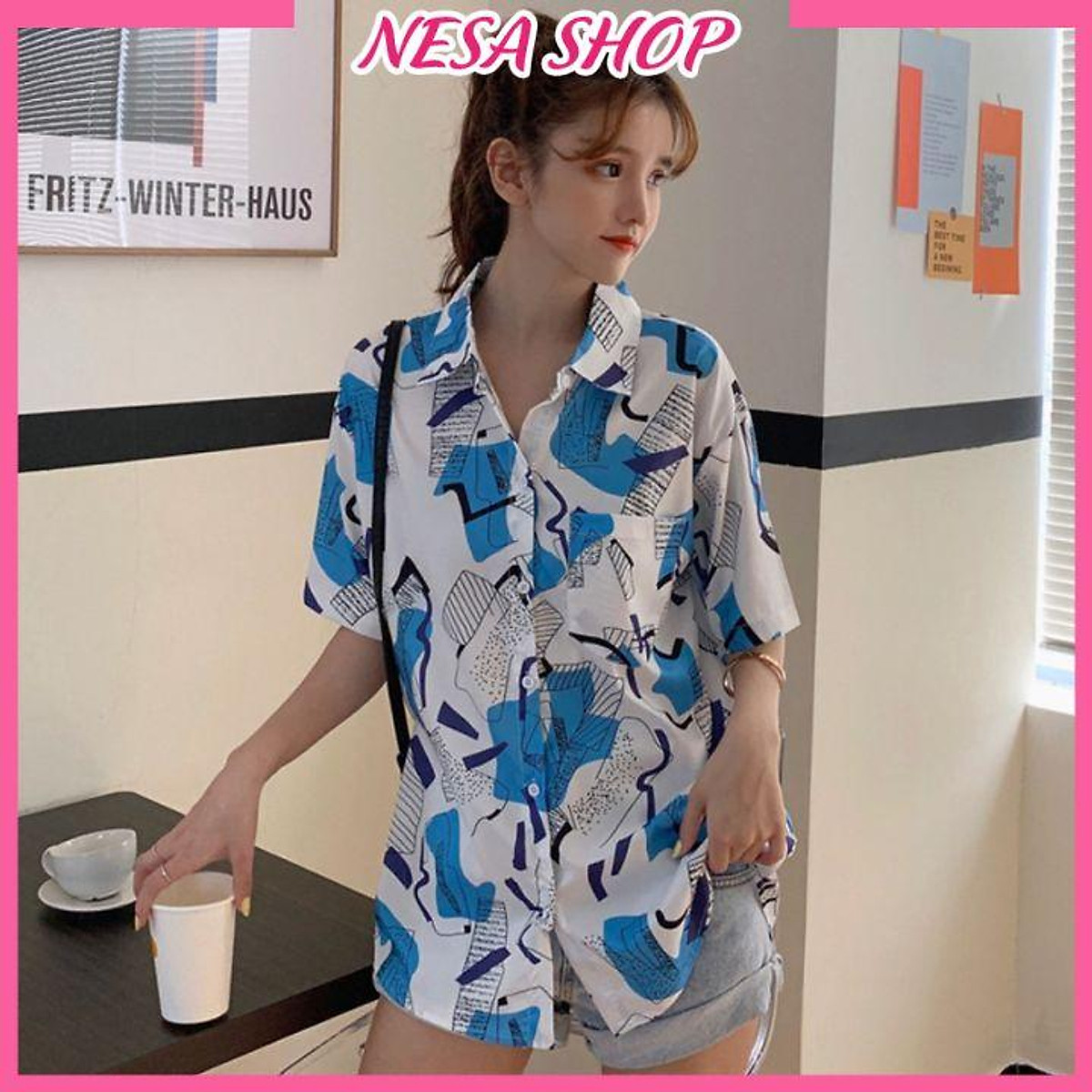 Áo sơ mi unsex tay lỡ freesize, dáng ulzzang mặc cặp, nhóm, chất liệu Đũi trơn mềm, áo form rộng in 3D-HÌNH Ô XANH TRẮNG