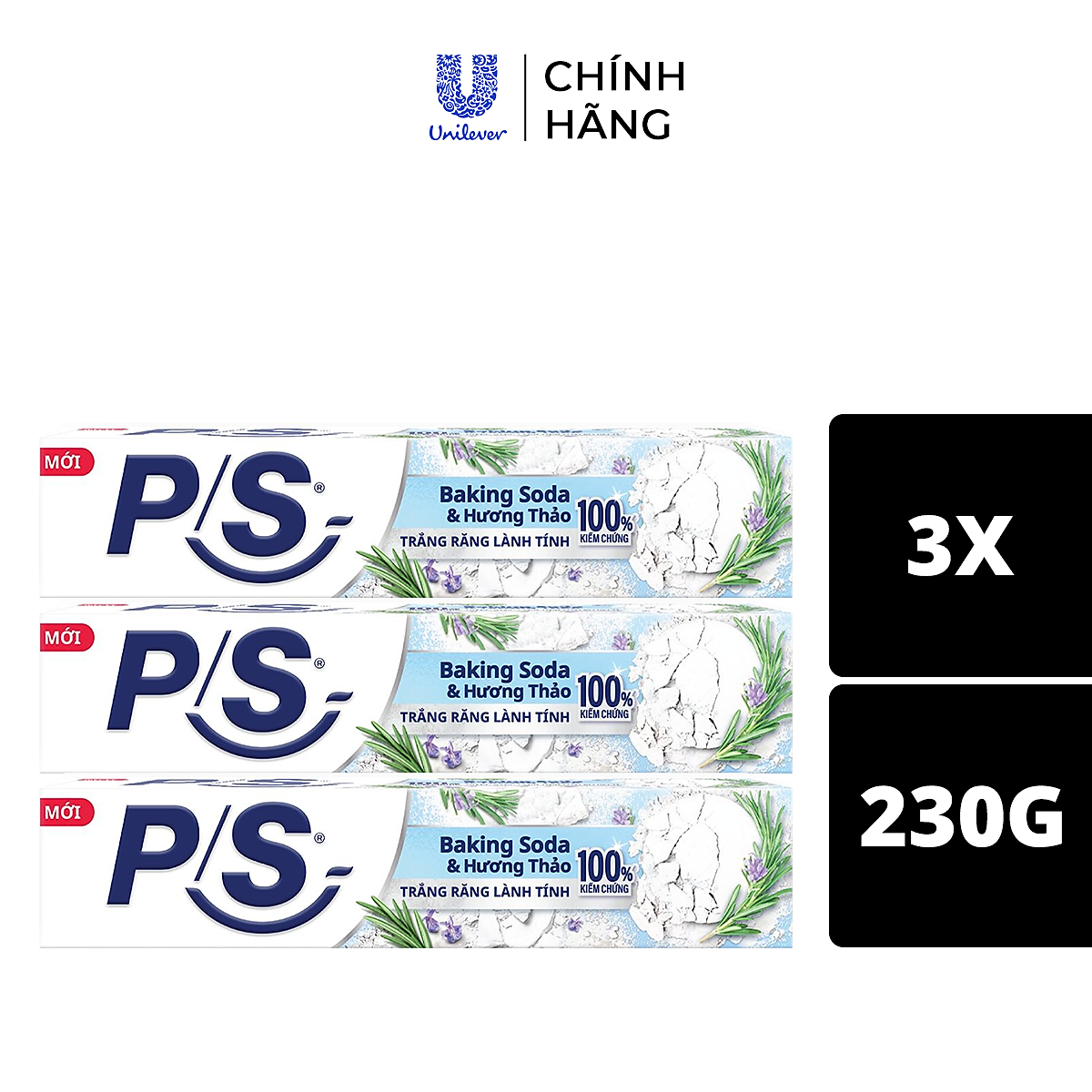 Bộ 3 Kem Đánh Răng P/S Trắng Răng Lành Tính - 100% Kiểm Chứng 230g/ hộp- Thiên Nhiên Baking Soda - Hương Thảo