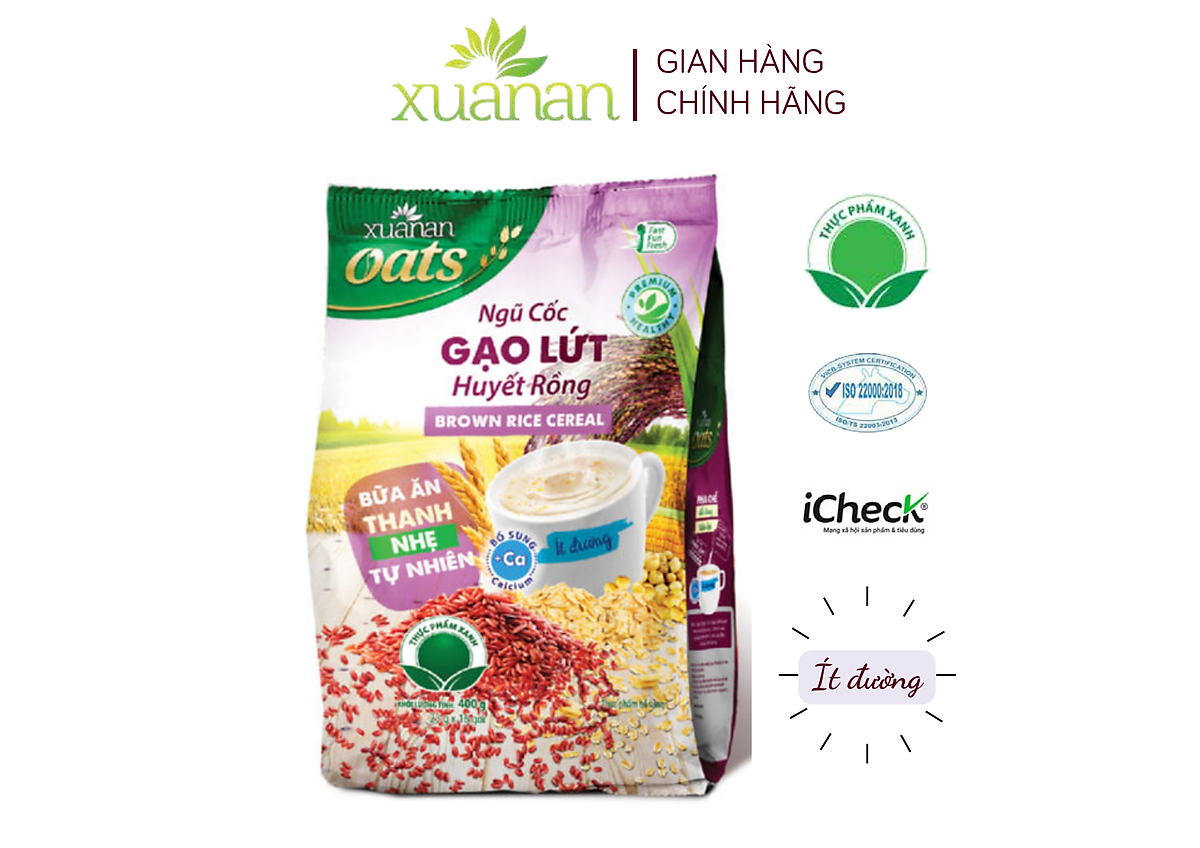 Ngũ Cốc Gạo Lứt Huyết Rồng Xuân An [ít đường] Túi 400G {25g*16 gói}(Tặng Kèm 1 Túi Yến Mạch 150G)