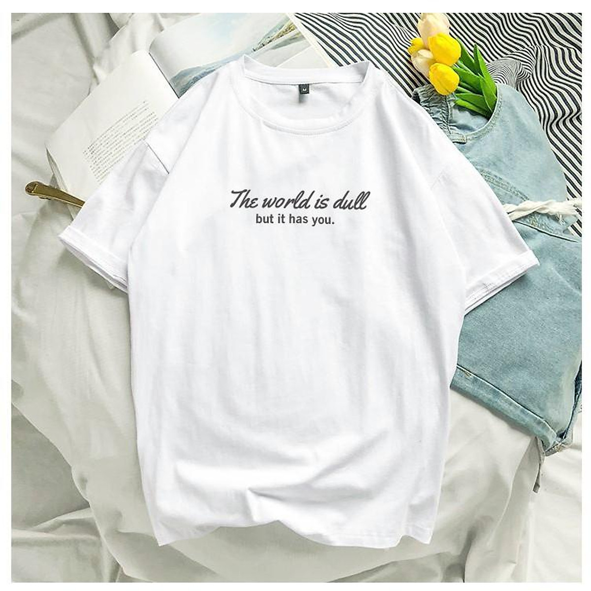 Áo thun chữ basic xinh dáng tay lỡ unisex (Trắng)