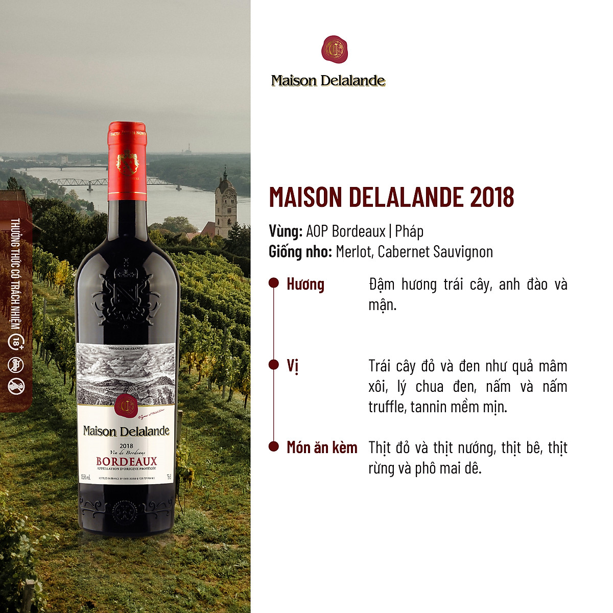 {Freeship 50K} Rượu Vang Đỏ Maison Delalande Vin De Bordeaux Appellation D'Origine Protégée 2018. Nồng Độ 13.5%. [Không hộp]