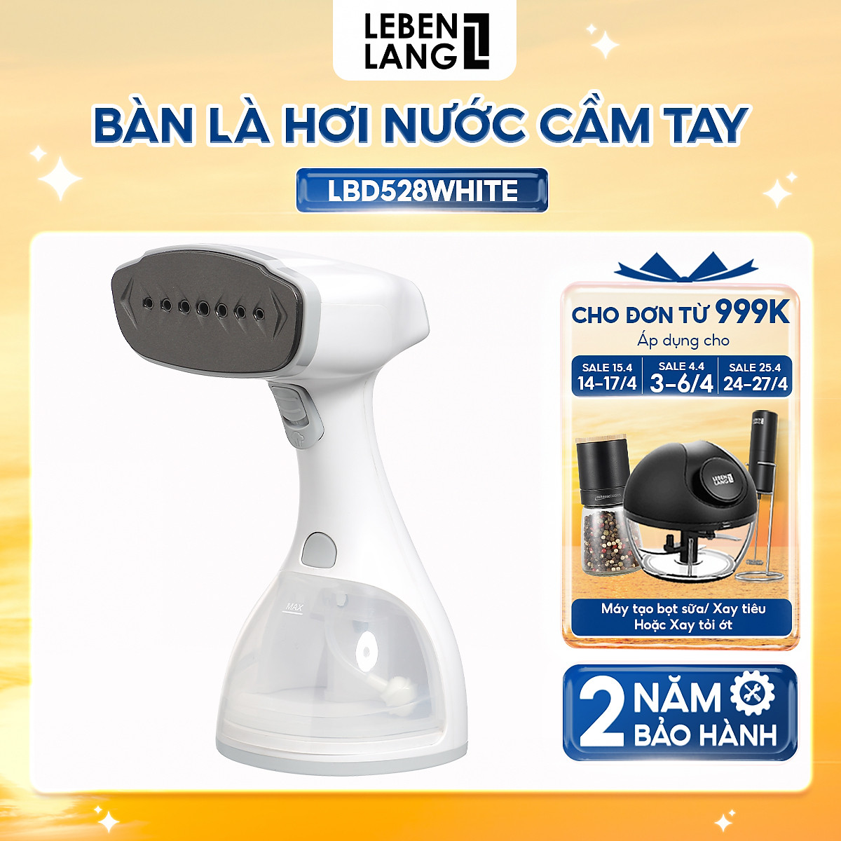 Bàn là hơi nước cầm tay Lebenlang công suất 1500W, dung tích 300ml model LBD528 - hàng chính hãng