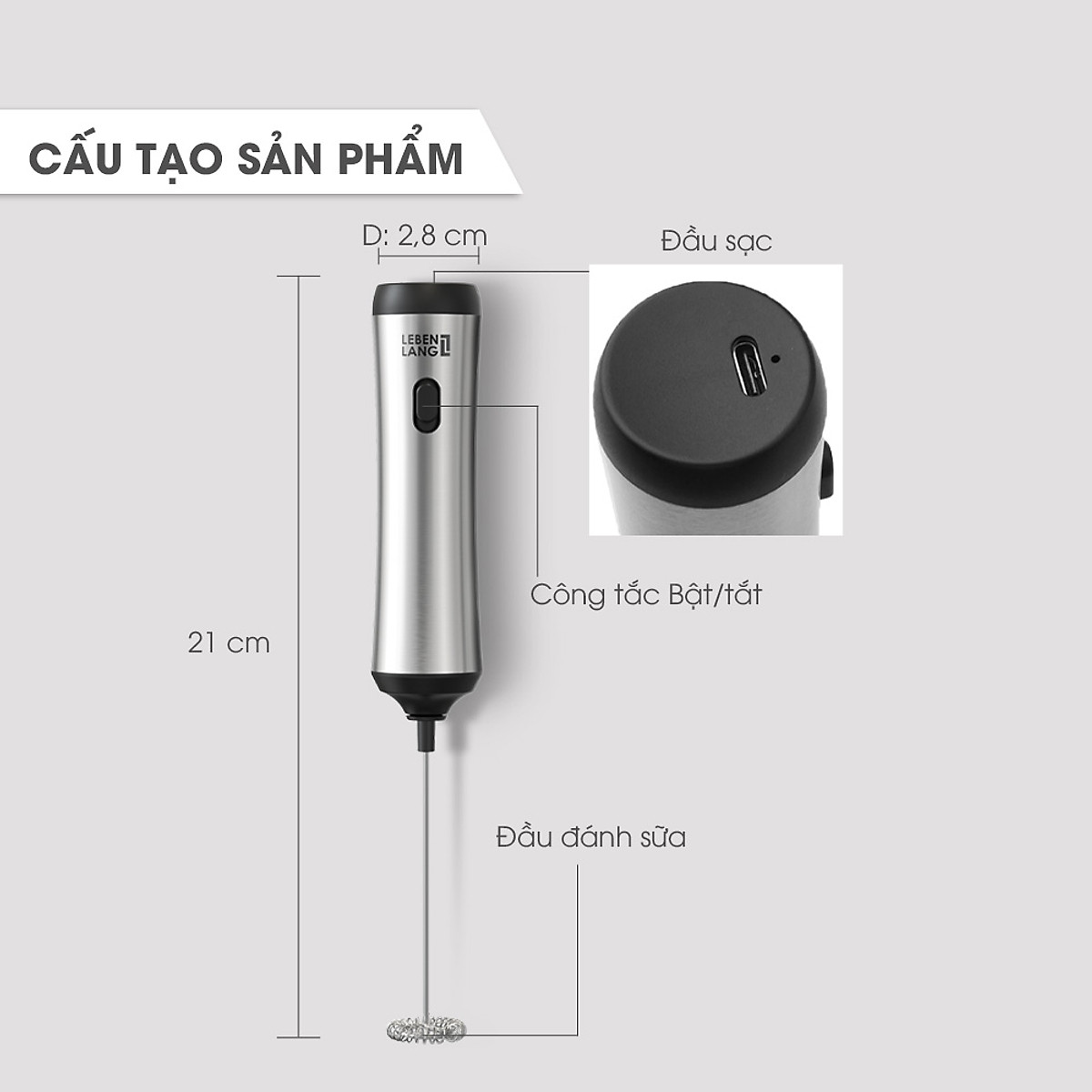 Máy đánh bọt cafe cầm tay Lebenlang LBL4583, sạc điện tiện lợi, công suất 10W, hàng chính hãng - bảo hành 2 năm