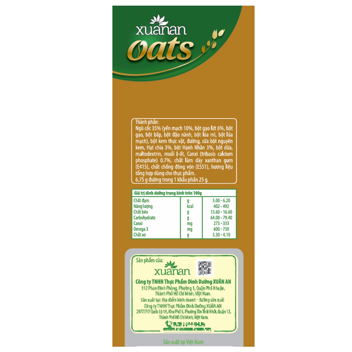 Ngũ Cốc Yến Mạch Hạnh Nhân Hạt Chia Xuân An [ít đường] Túi 400G {25g*16 gói}(Tặng Kèm 1 Túi Yến Mạch 150G)