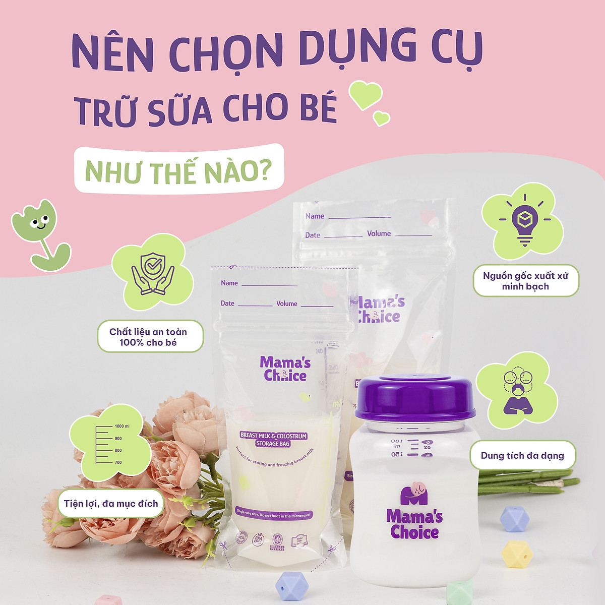 Combo Bình Trữ Sữa và Túi Trữ Sữa Mama’s Choice, Bảo Quản và Trữ Sữa Mẹ, Kiểm Định An Toàn Quốc Tế Bureau Veritas