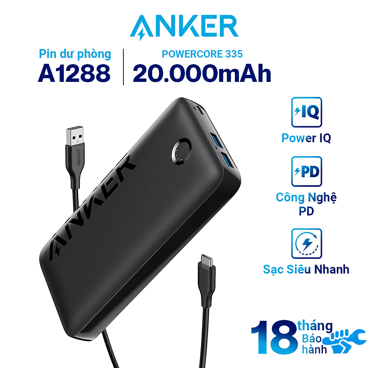 Pin Sạc Dự Phòng Anker 335 Powercore 20000mAh A1288 - Hàng Chính Hãng