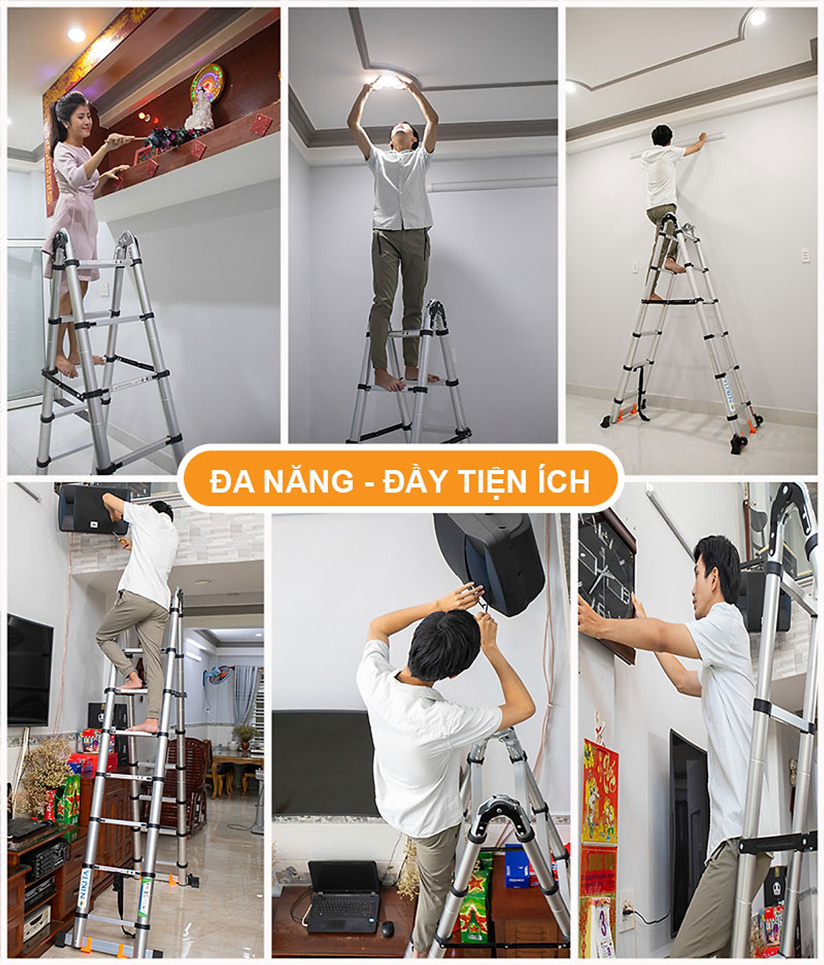 Thang nhôm rút đôi có bánh xe di chuyển tiện lợi, thanh giằn gia cố, khóa thang 2 lớp - NIKITA 2024
