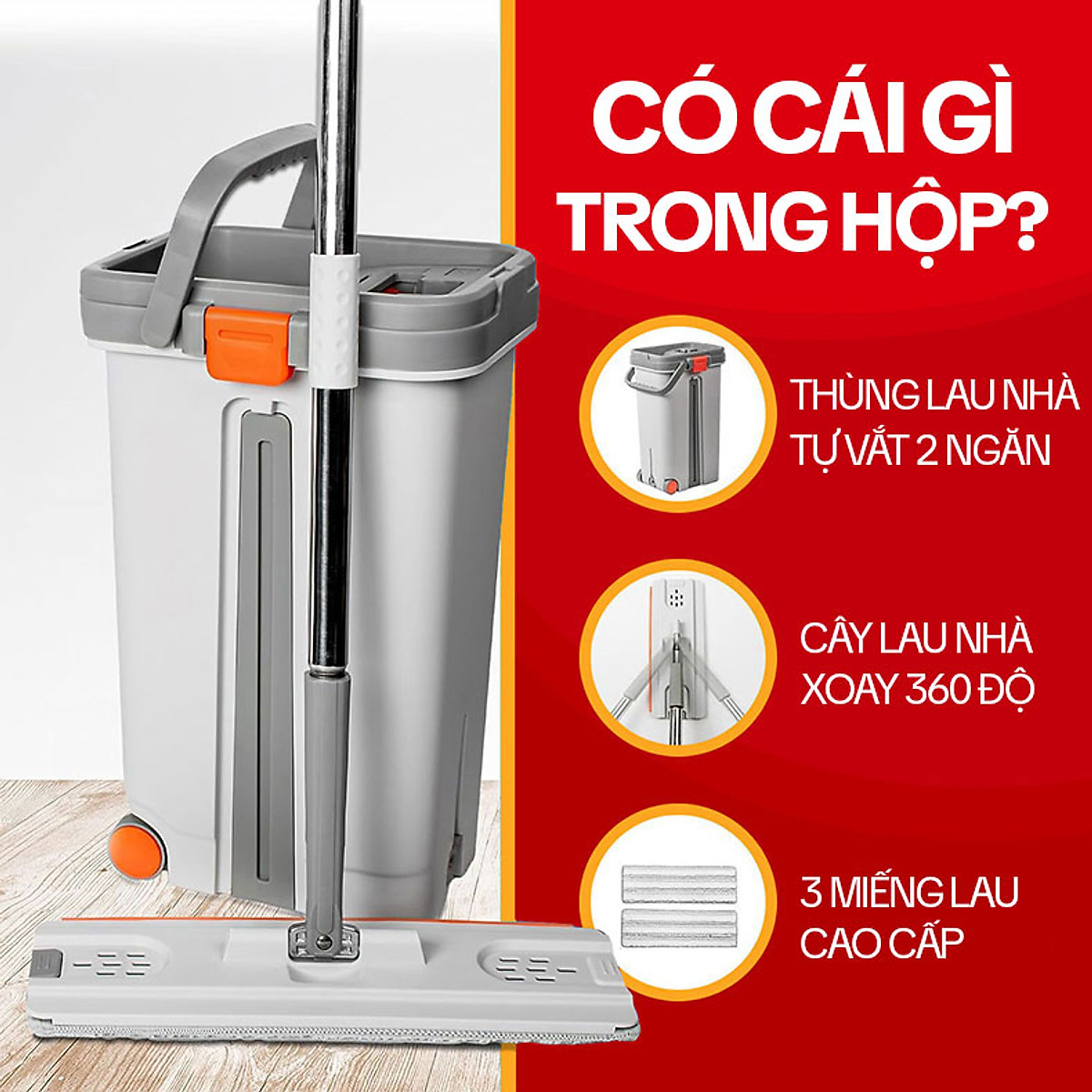 Bộ Cây Lau Nhà KITIMOP PRO MAX - Thùng Lau Nhà Tự Vắt Thông Minh, Chổi Lau Nhà Xoay 360 Độ, Lau Sàn Làm Sạch