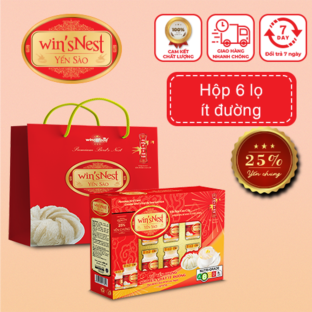 Yến sào wins'Nest tổ yến chưng nguyên chất ít đường 25% hộp 6 lọ