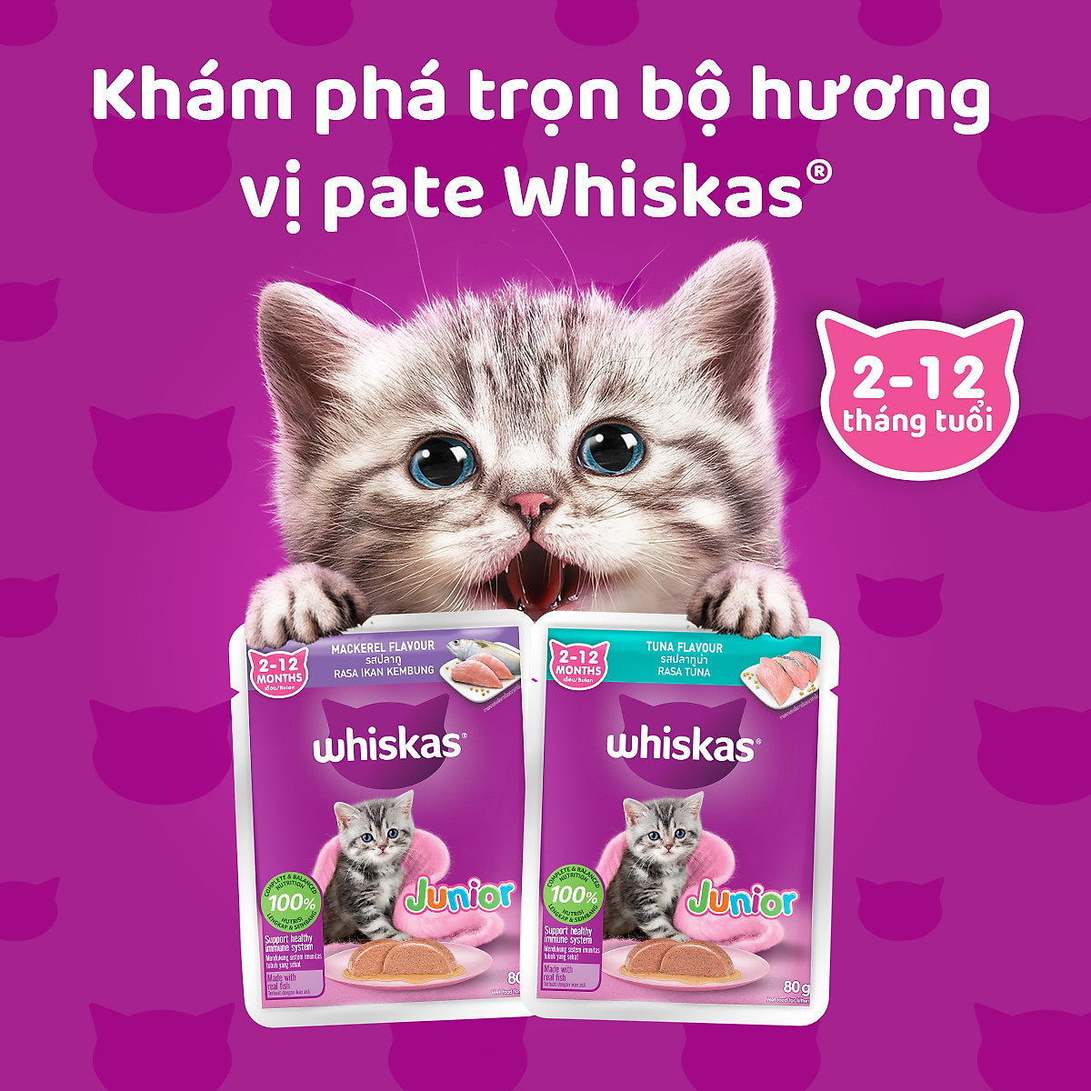 Thức Ăn Cho Mèo Con WHISKAS Junior 2-12 months Vị Cá Thu 80g/Gói
