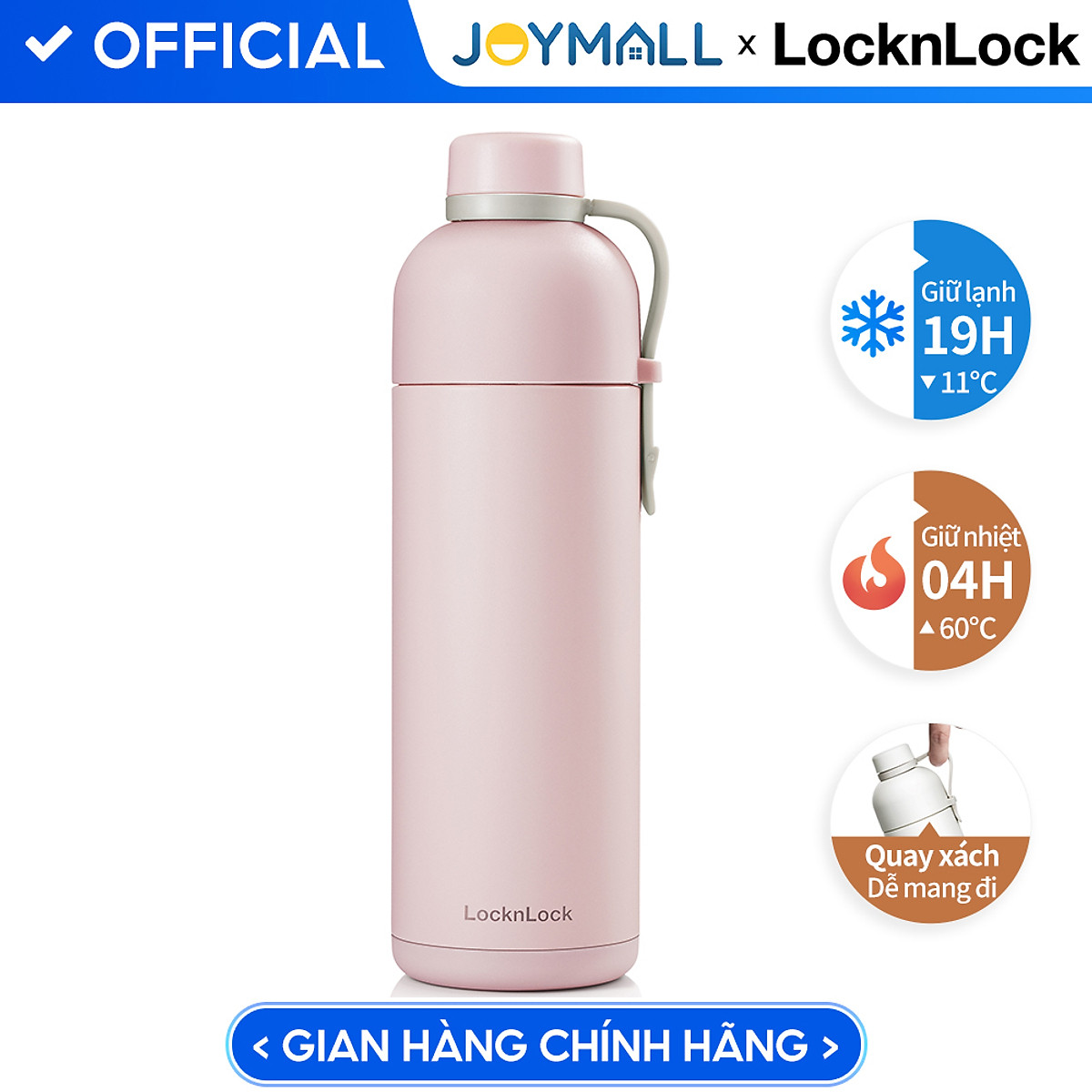 Bình giữ nhiệt Lock&Lock Belt Bottle LHC4267 490ml - Hàng chính hãng có quai xách, miệng rộng có thể cho đá - JoyMall