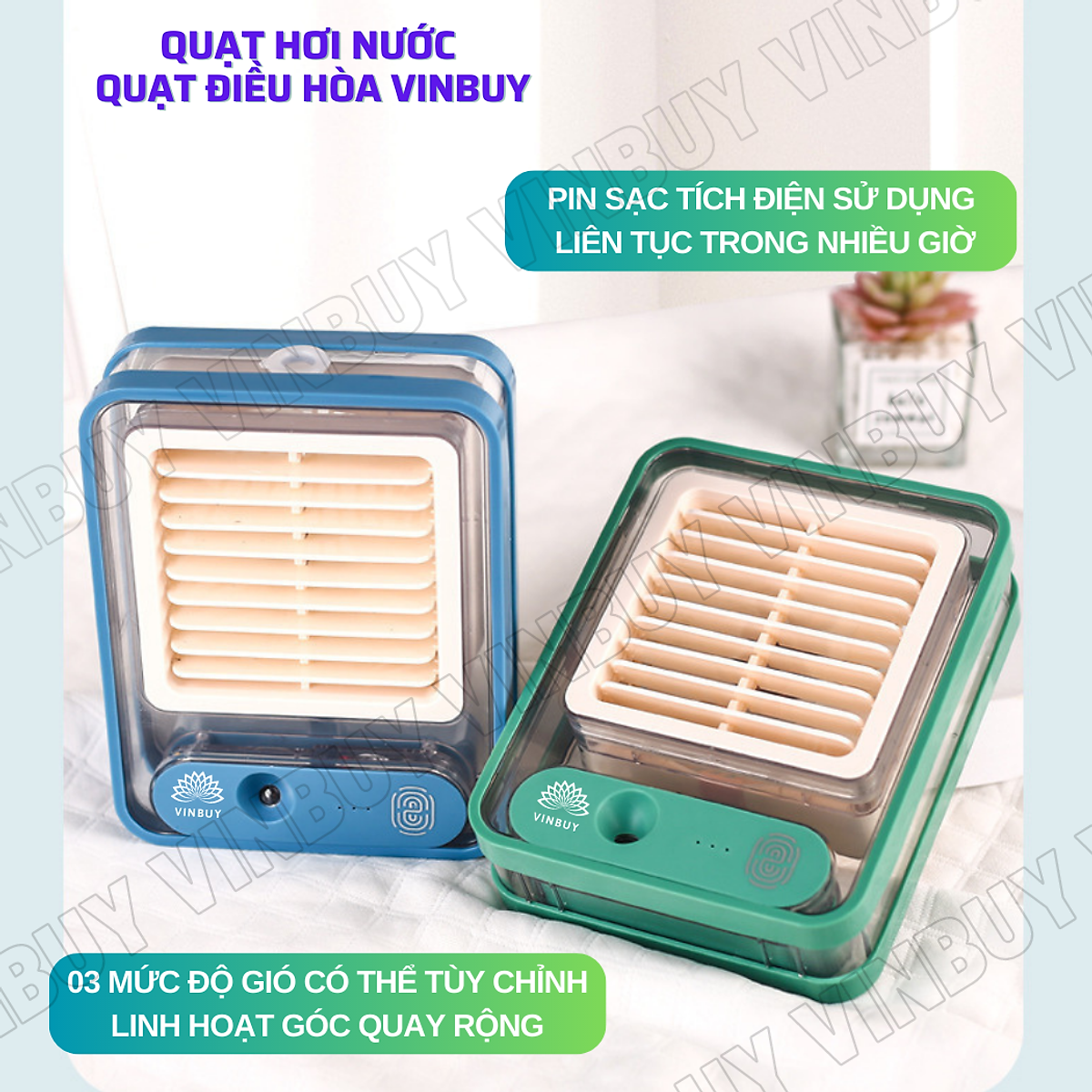 Quạt điều hòa hơi nước mini làm mát không khí để bàn nhỏ gọn, phun sương mạnh nhiều chế độ có bình đựng nước, nốt chạm cảm ứng, pin sạc tích điện, có đèn - Hàng chính hãng VinBuy