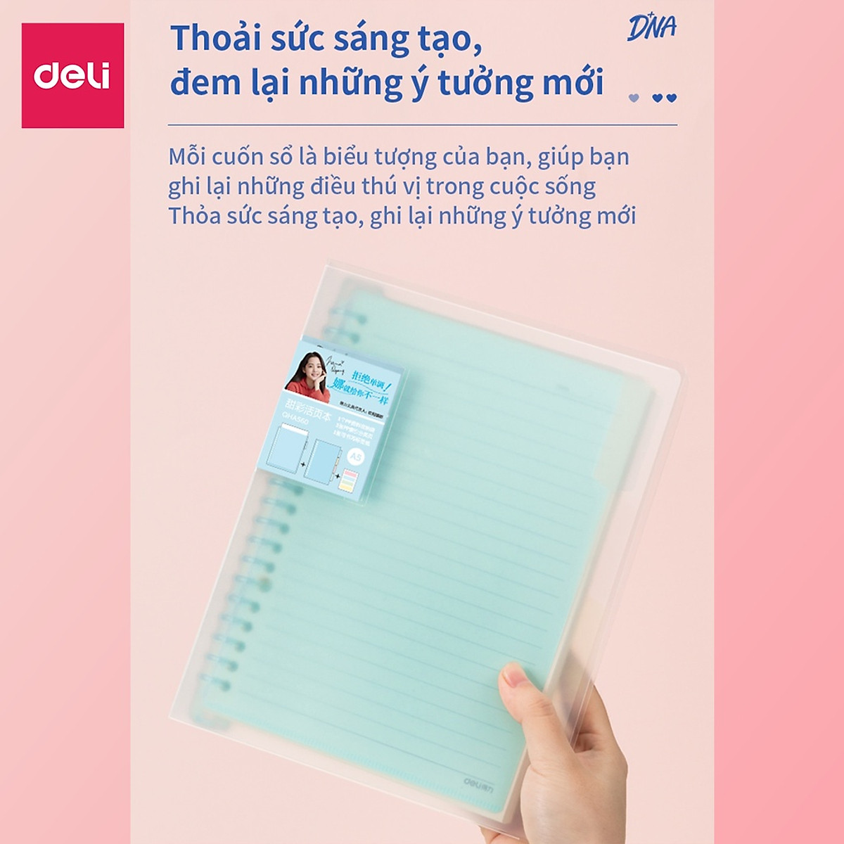Sổ Tay Ghi Chép 60 Trang Gáy Lò Xo A5 Deli - Xanh Dương/Hồng/Vàng/Xanh Lá - QHA560