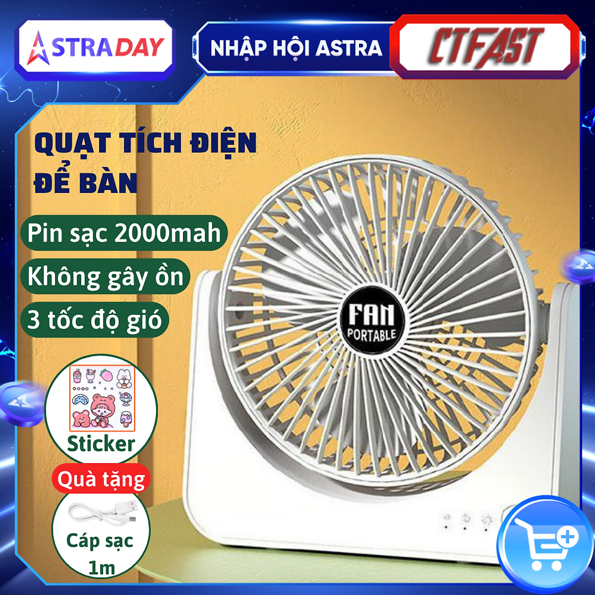 Quạt mini để bàn, quạt tích điện usb CTFAST V01,điều chỉnh xoay 210 độ, không gây ồn, pin sạc dung lượng cao - Hàng chính hãng