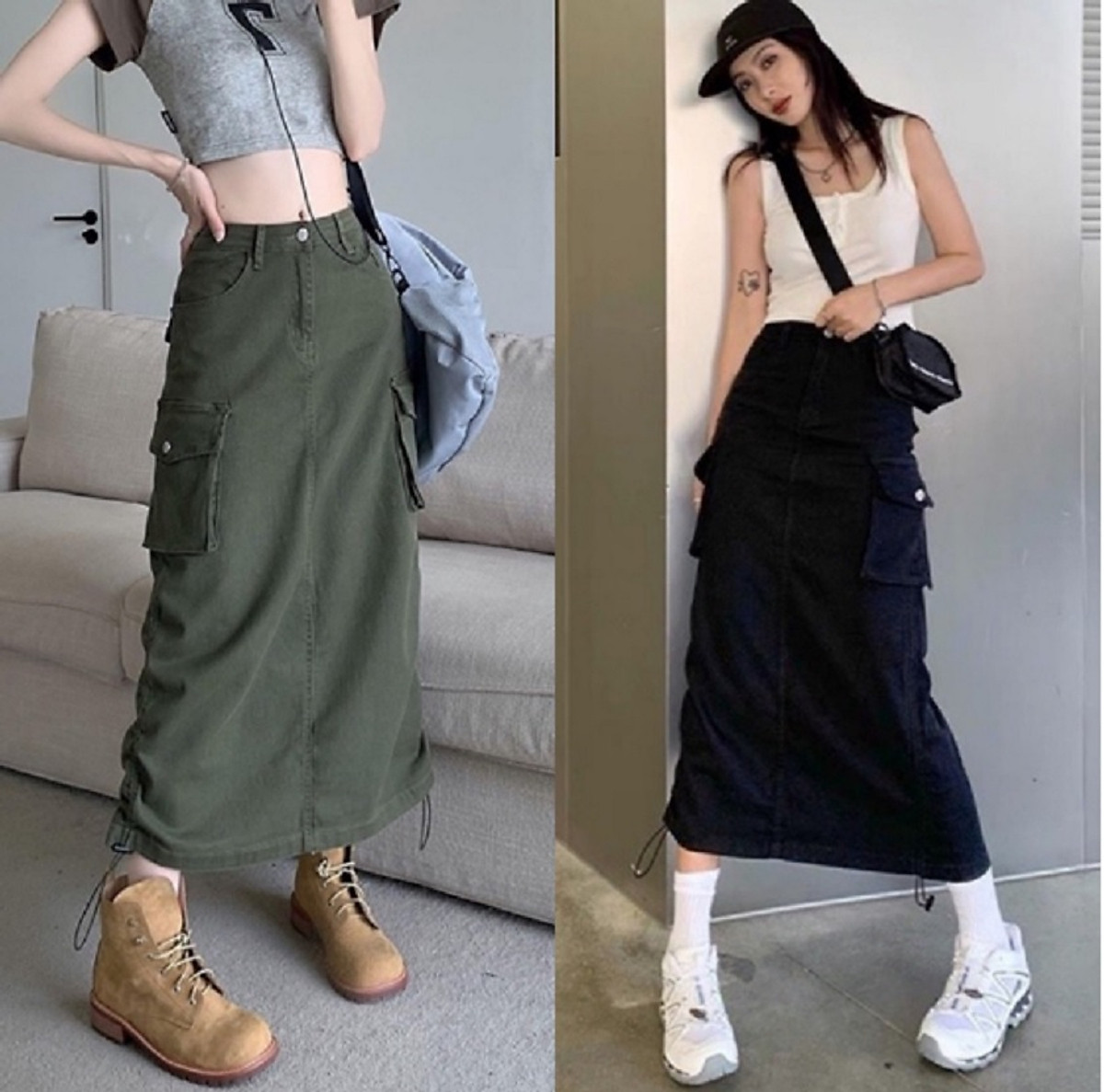 Chân Váy Dài KaKi Chữ A Lưng Cao Túi Hộp Dây Rút Phong Cách Hàn Quốc Chân Váy Dài Kaki Chữ A Lưng Cao Túi Hộp Dây Rút Phong Cách Hàn Quốc