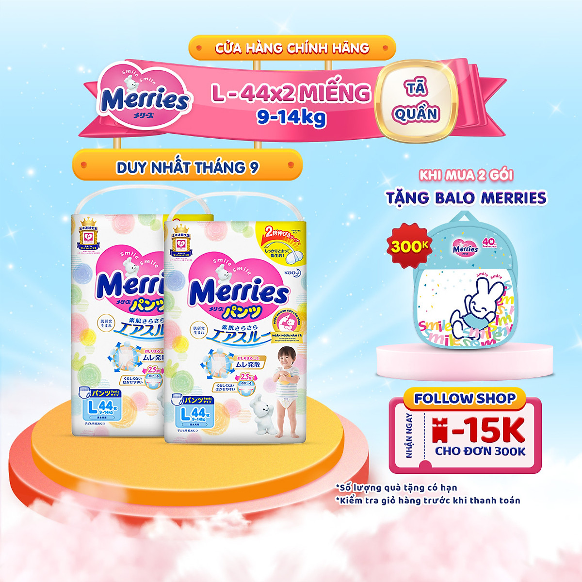 Combo 2 Tã/bỉm quần Merries size L - 44 miếng (Cho bé 9 - 14kg)