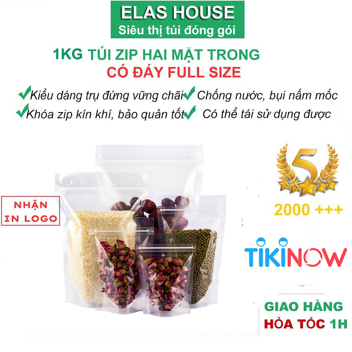 Túi zip đáy đứng 2 mặt trong đựng thực phẩm, 1kg túi zip đựng thực phẩm trong suốt Elas House