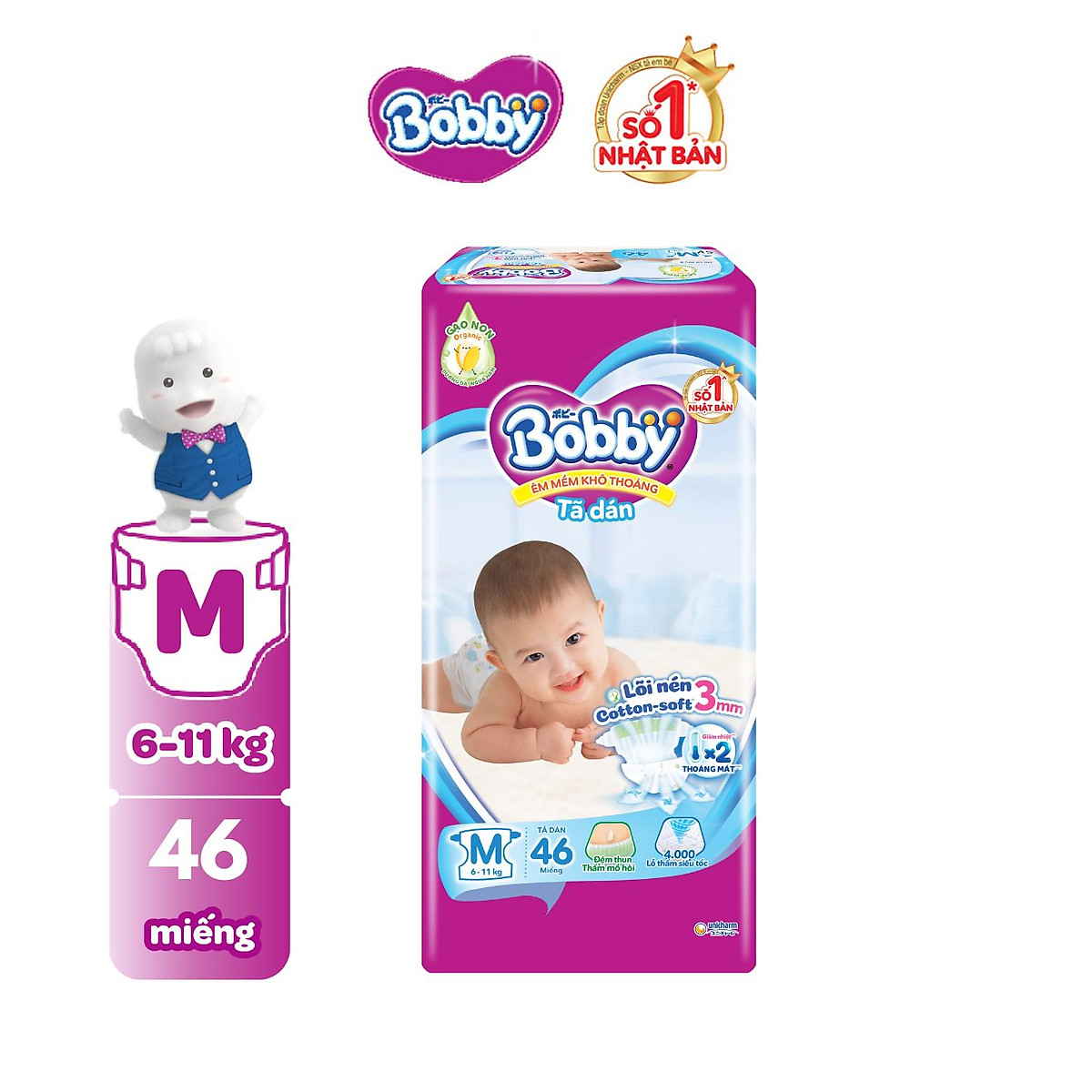 Tã dán êm mềm khô thoáng Bobby M46