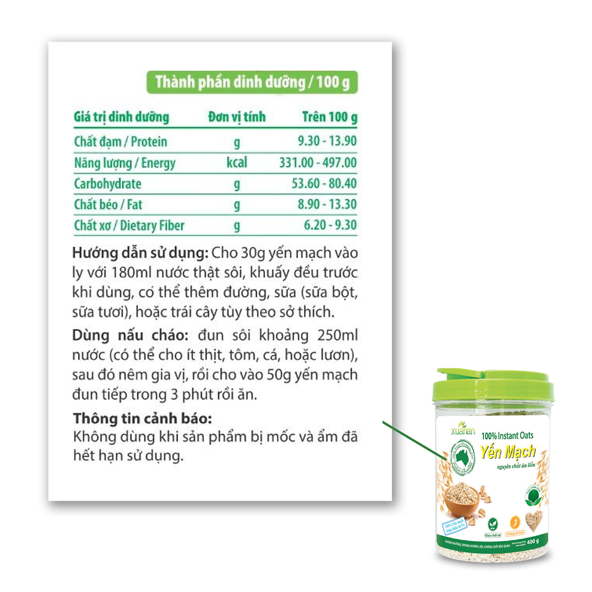 Combo 2 Hộp Yến Mạch Nguyên Chất Ăn Liền Xuân An [ko đường] 400G(Tặng Kèm 2 Túi Yến Mạch 150G)