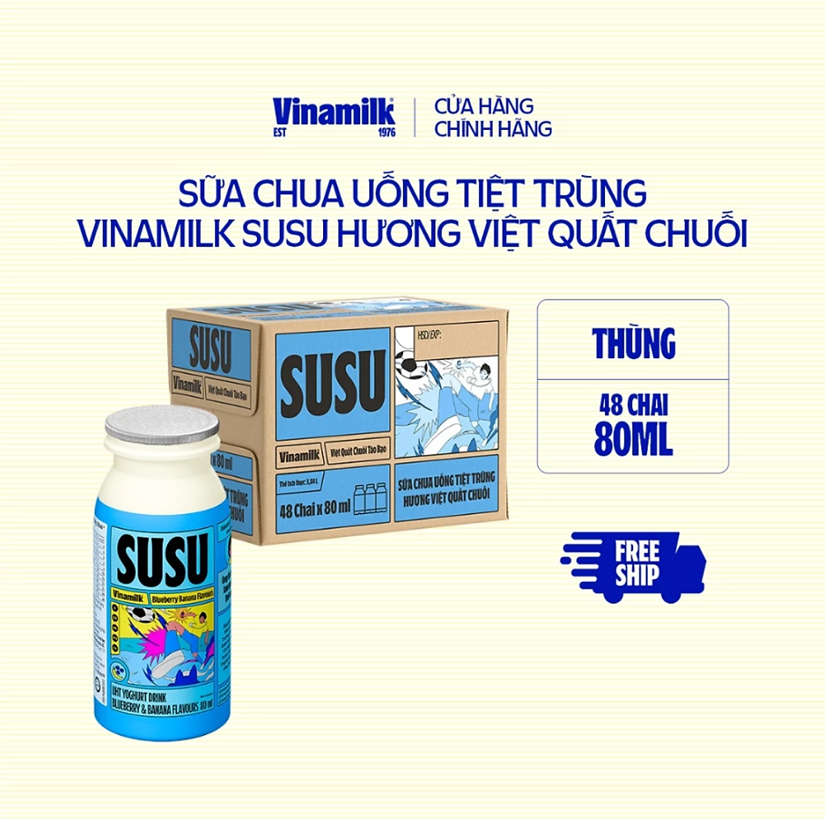 Thùng 48 Chai x 80ml Sữa Chua Uống Vinamilk Susu Hương Việt Quất Chuối
