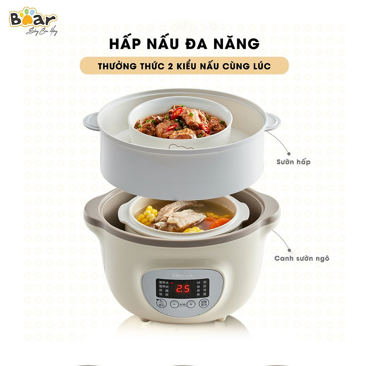 Nồi Nấu Chậm 1,6L Bear SUBE002 Đa Năng Nấu Cháo, Chưng Yến Bản Quốc Tế - Hàng Chính Hãng