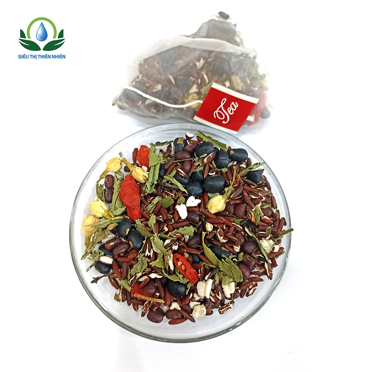 Trà Gạo Lứt Túi Lọc Hộp 30 gói Mix Hoa Nhài, Cỏ Ngọt, Kỳ Tử, Táo Đỏ, Đậu Đen, Đậu Đỏ, Lá Nếp - Siêu Thị Thiên Nhiên