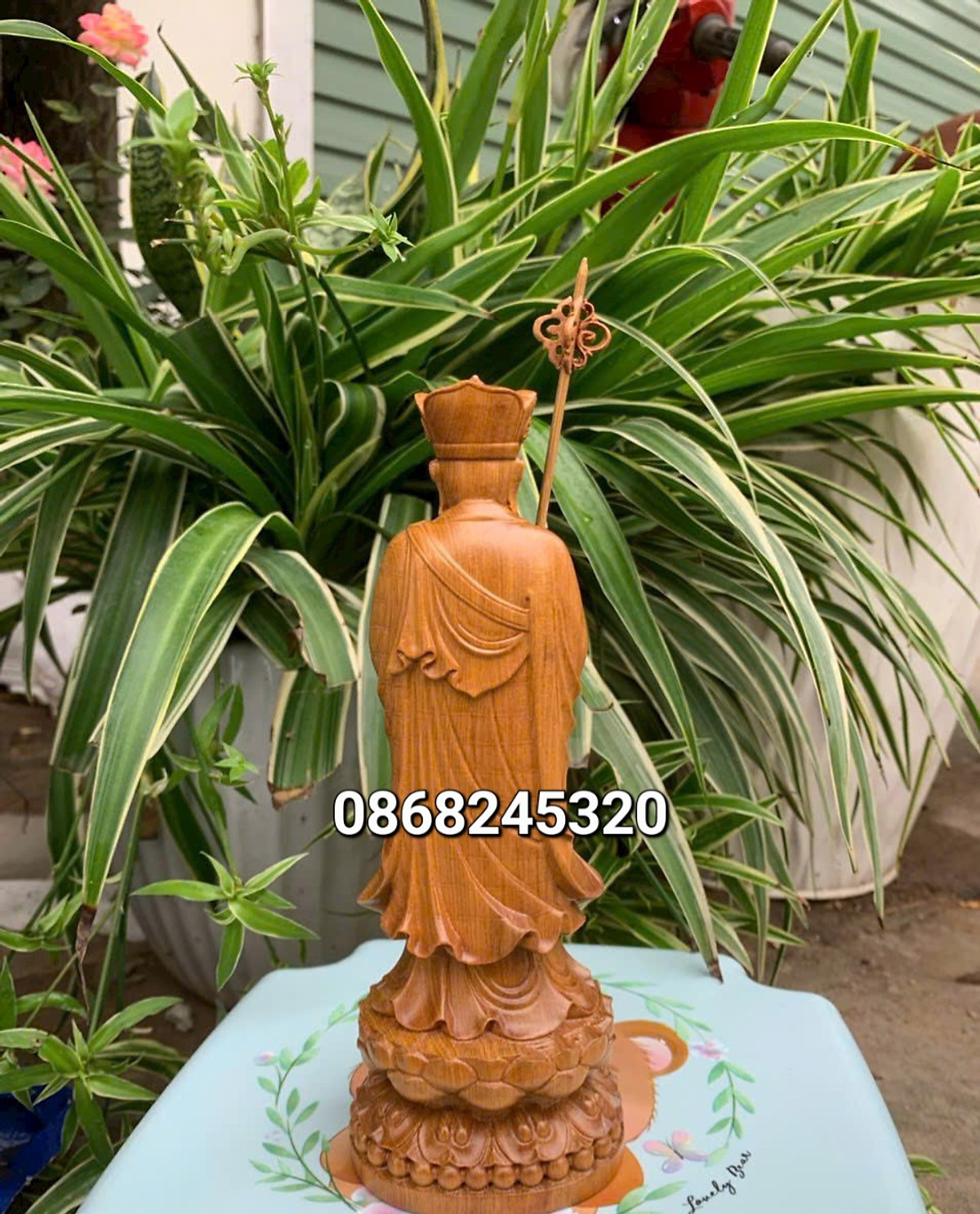 Tượng phật địa tạng vương bồ tát bằng gỗ bách xanh thơm phức kt cao 30×10.5×10cm