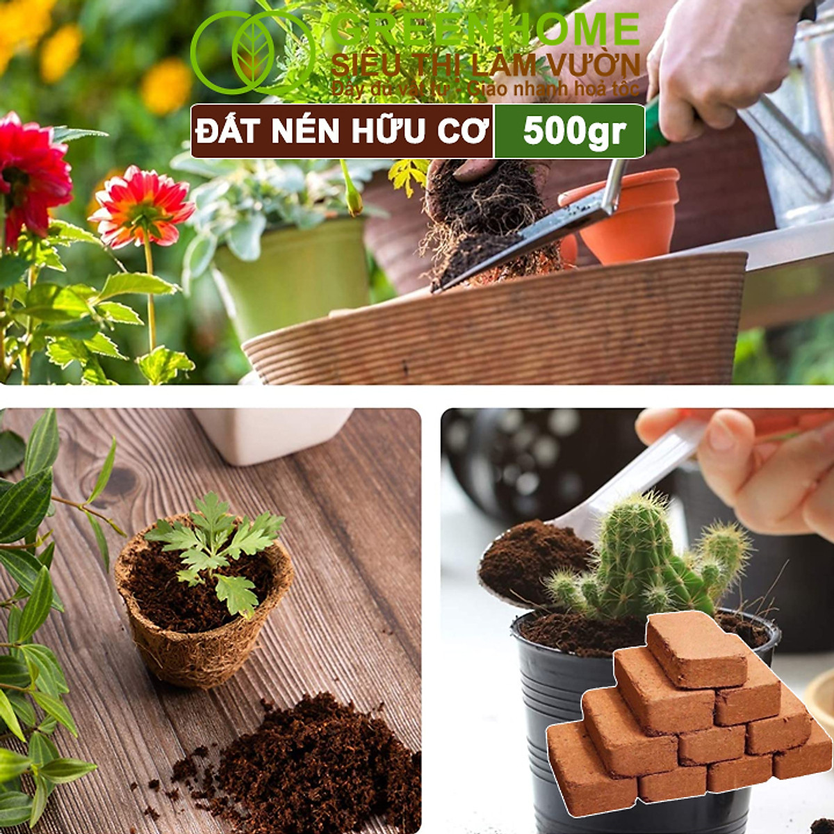 Đất Trồng Cây Greenhome, Viên Nén 500gr, Đã Qua Xử Lý, Bổ Sung Vi Sinh, Nở Gấp 5 Lần, Trồng Rau Hoa