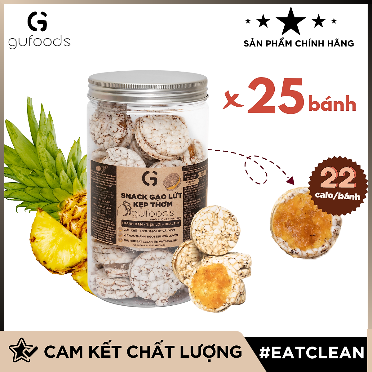 Snack gạo lứt kẹp thơm GUfoods - Chua ngọt thơm ngon, Giàu chất xơ, Ăn vặt Healthy, Eat clean, Thuần chay